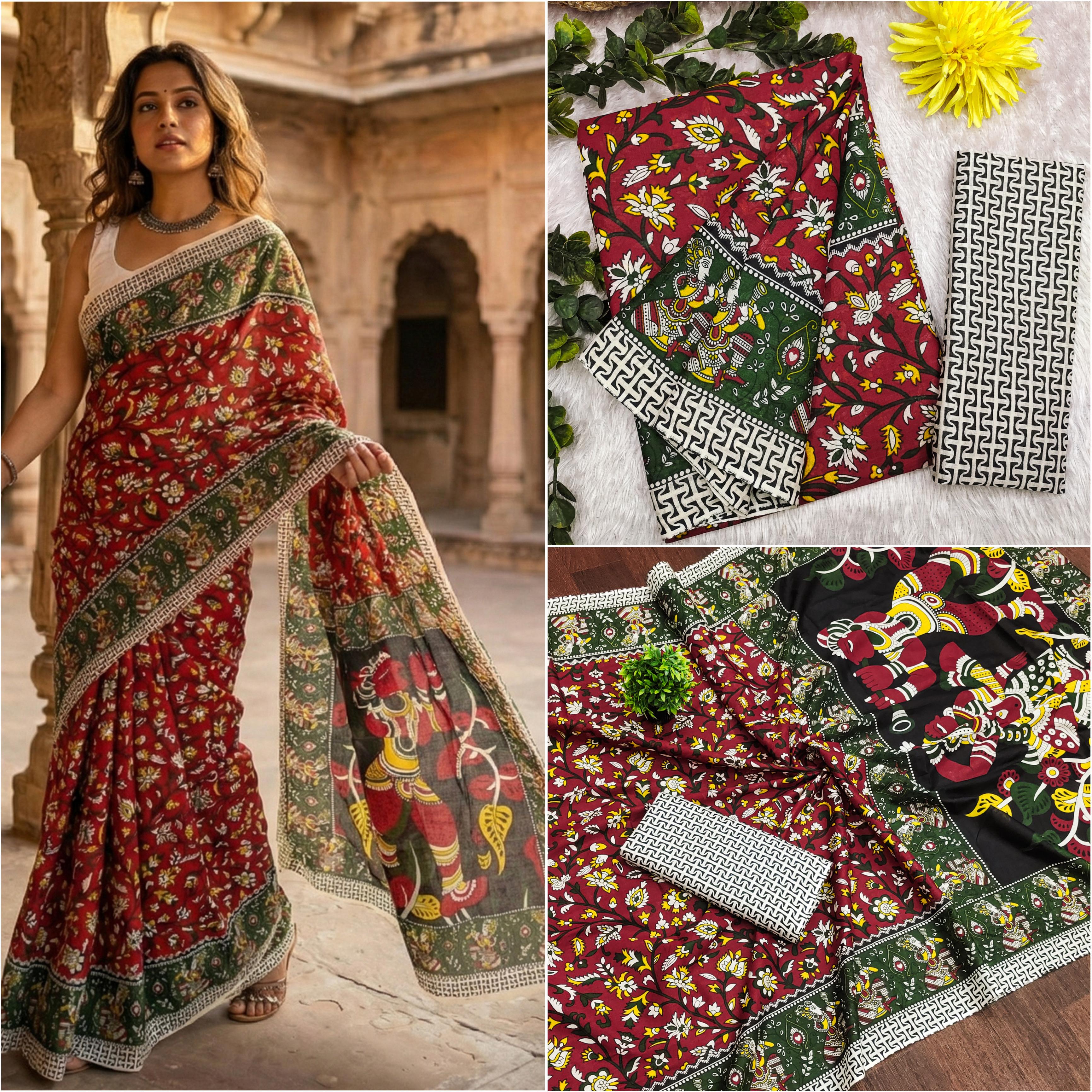Sm Yami 64 Mul Cotton Kalamkari Block Printed Saree