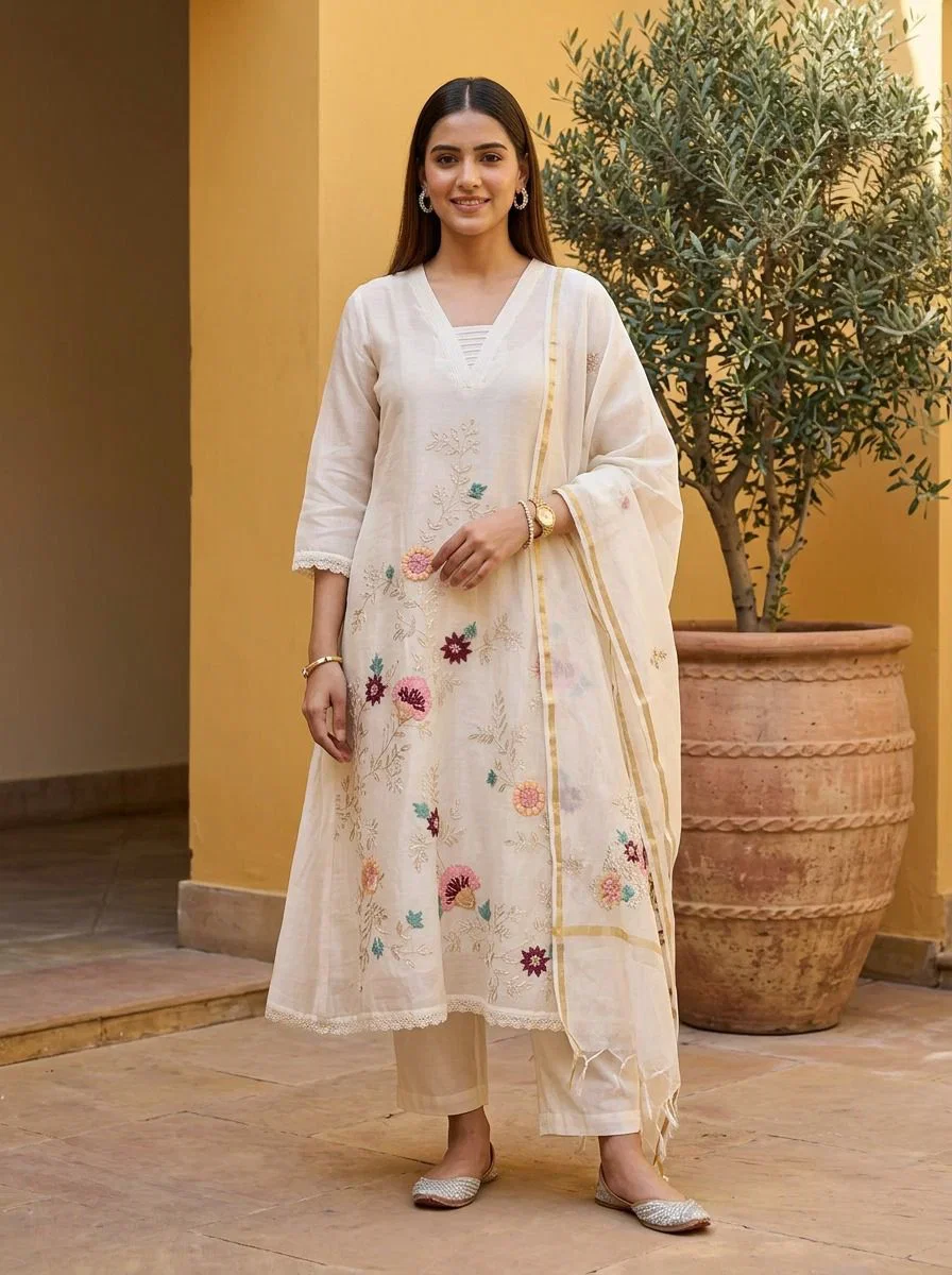 Naisha K 936 Pure Mul Chanderi Hand Work Kurti With Pant Dupatta