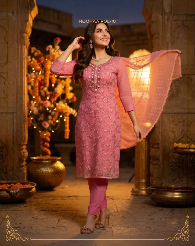 Roohaa Vol 10 Organza Hand Worked Kurti With Bottom Dupatta