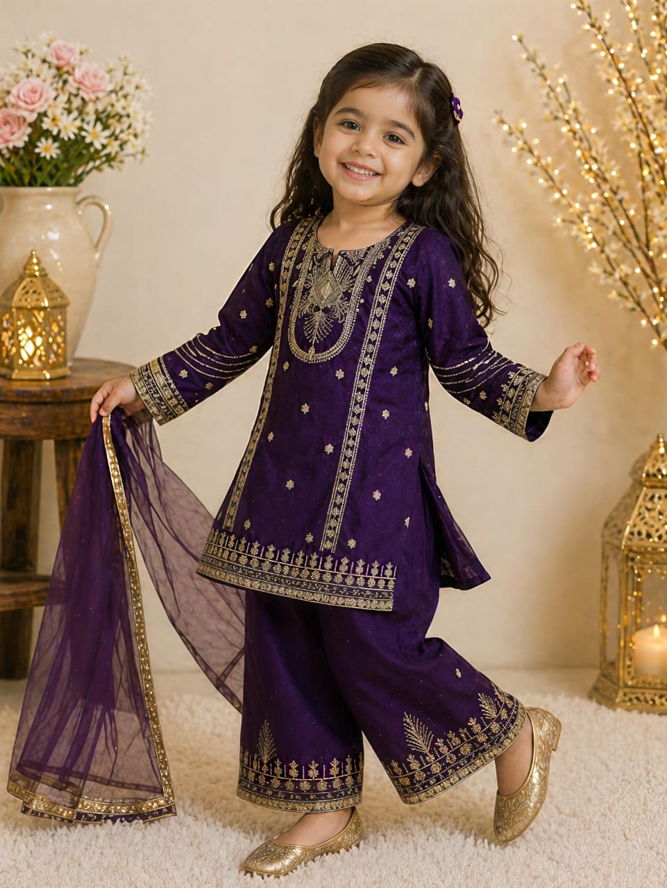 MNandan 02 Fendy Silk Embroidery Sequins Kids Wear Top Plazzo With Dupatta