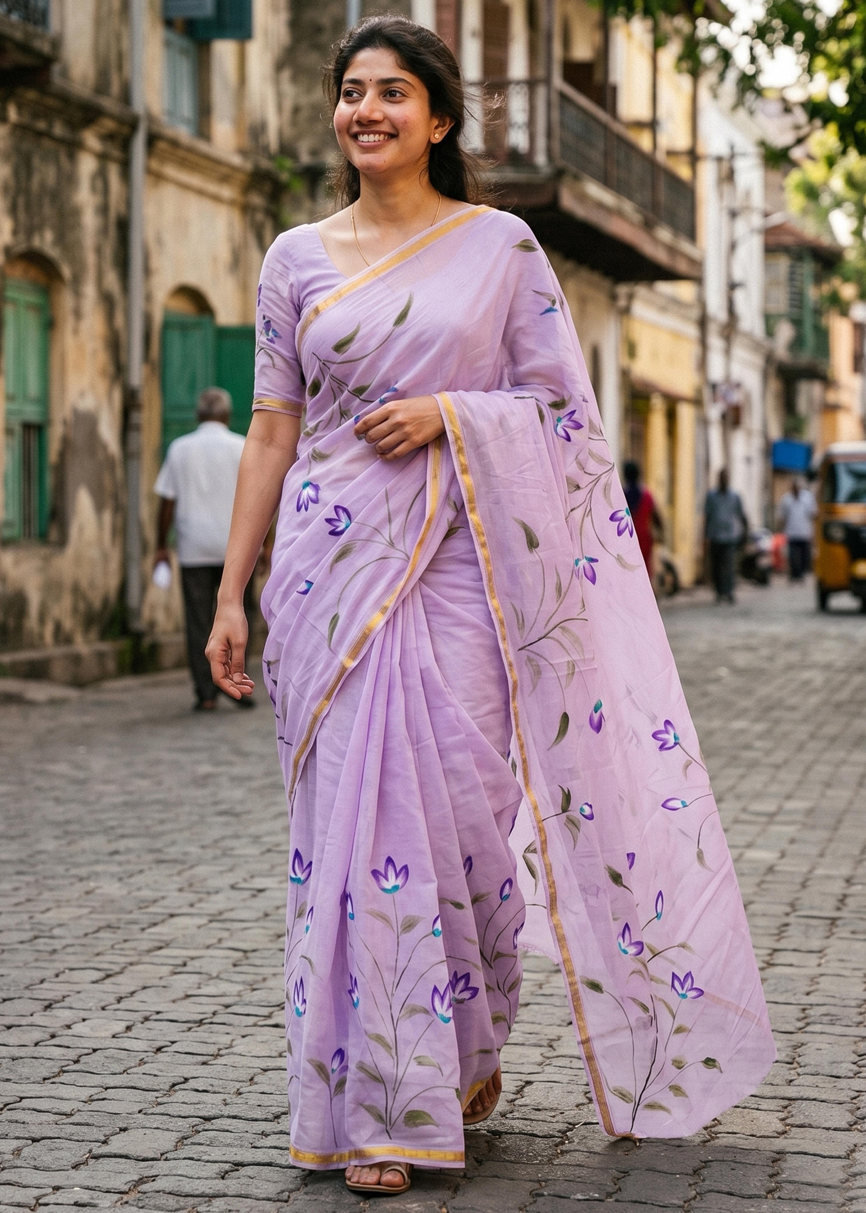 Sm Yami 68 Muslin Cotton Heavy Zari Border Hand Print Saree