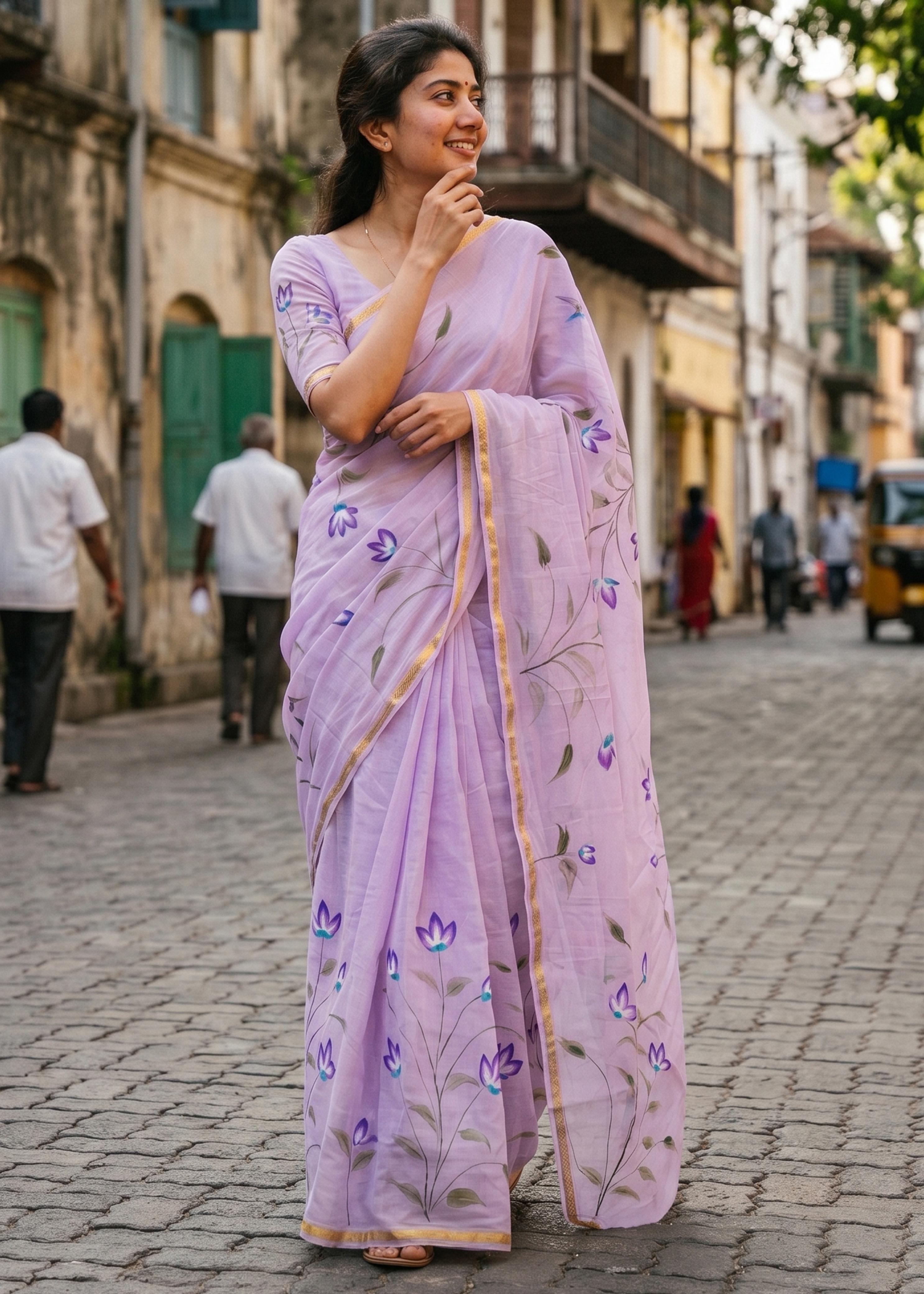 Sm Yami 68 Muslin Cotton Heavy Zari Border Hand Print Saree