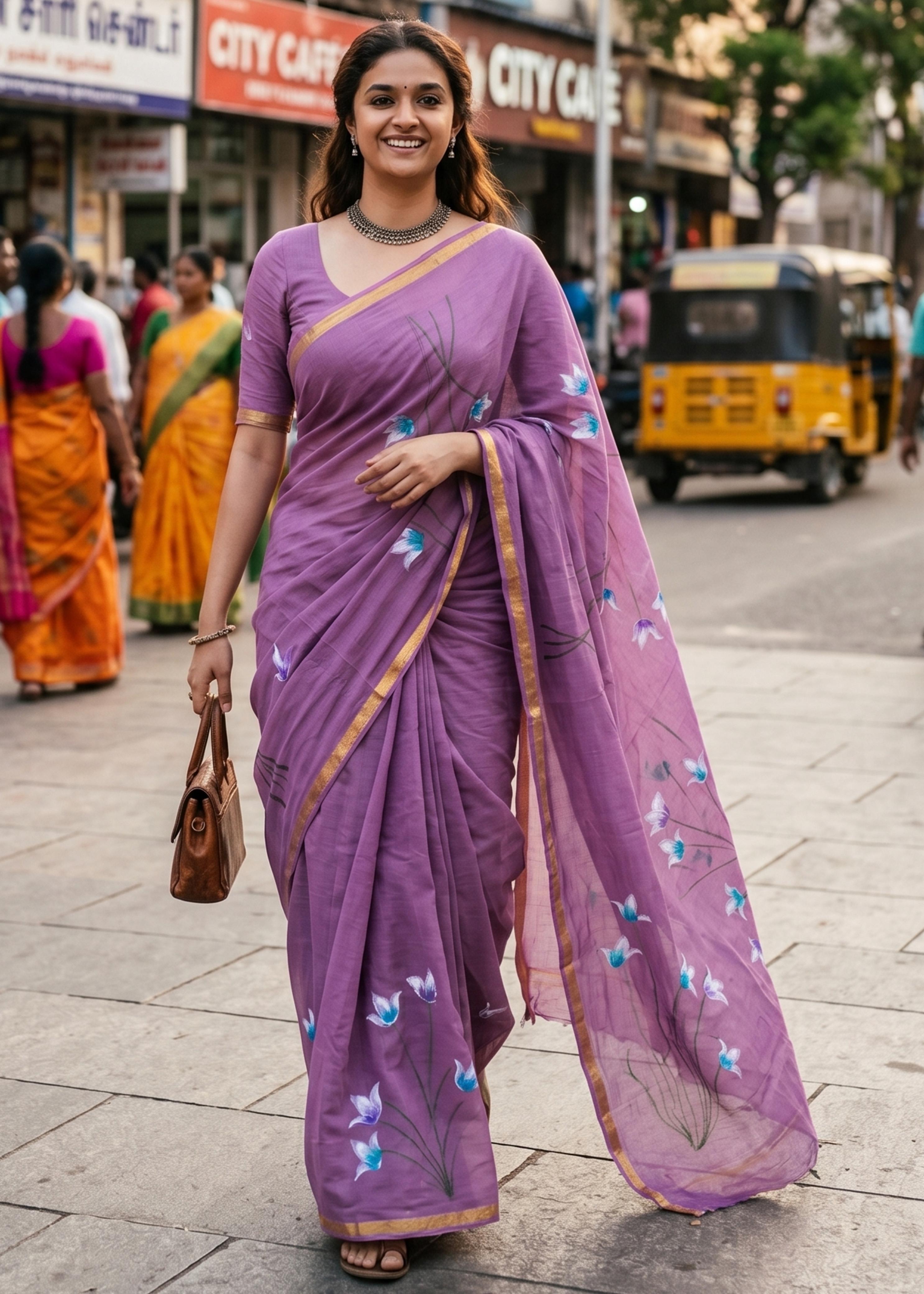 Sm Yami 68 Muslin Cotton Heavy Zari Border Hand Print Saree