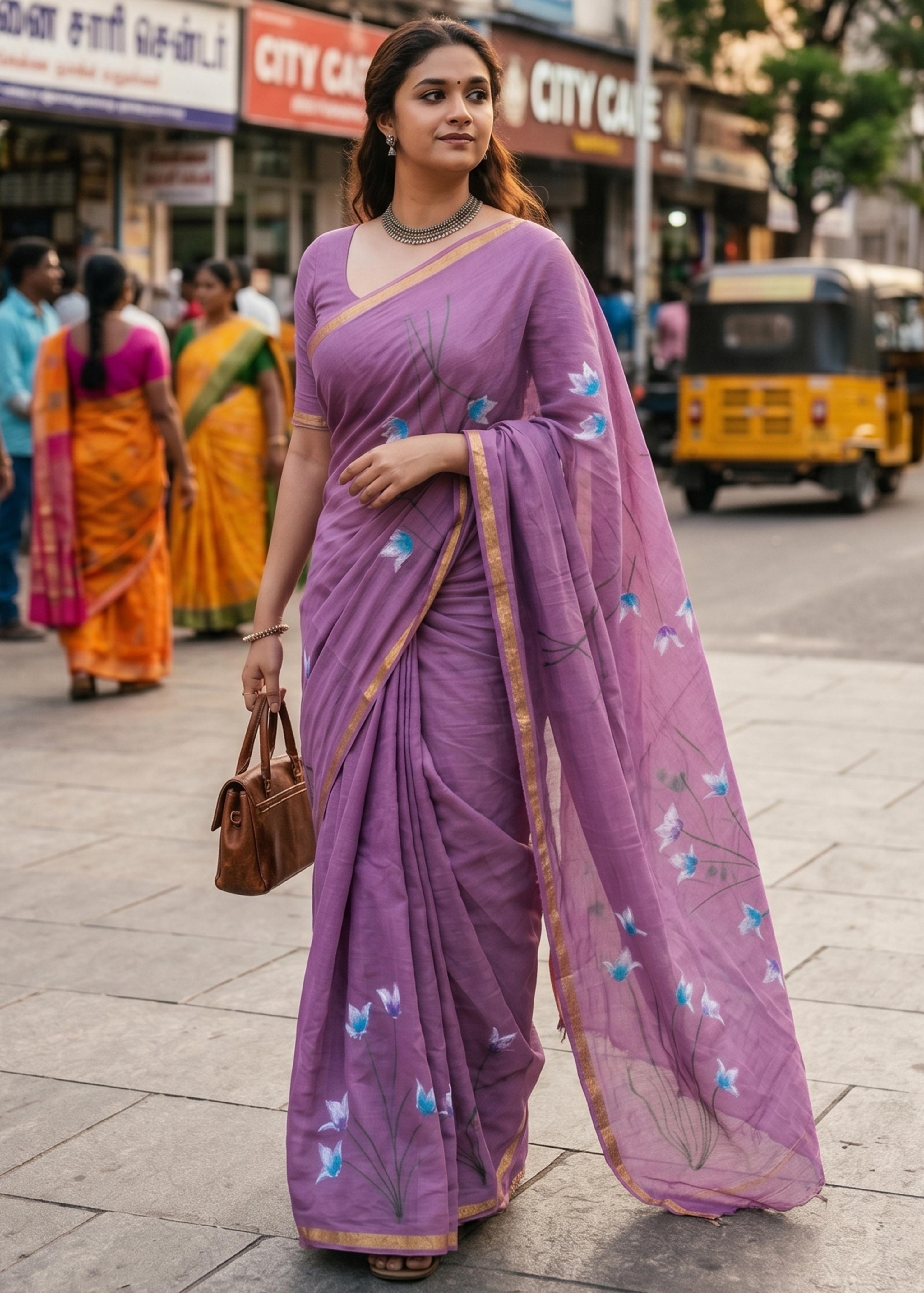 Sm Yami 68 Muslin Cotton Heavy Zari Border Hand Print Saree
