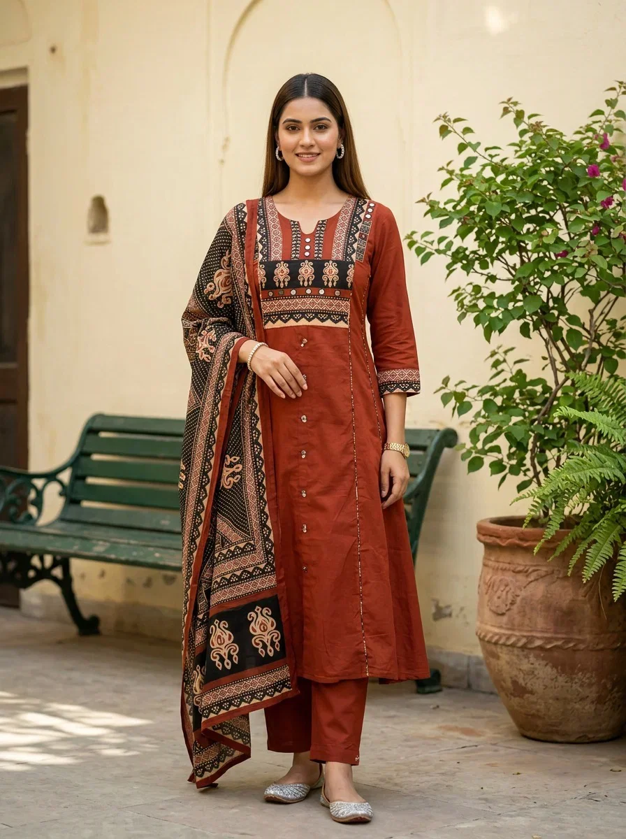 Naisha K 939 Cotton Mirror Work Kurti With Bottom Dupatta