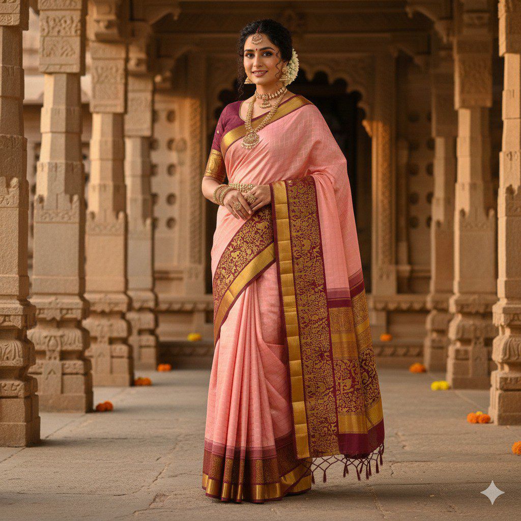 Aab Peach Gajanad Soft Silk Jacquard Border Saree