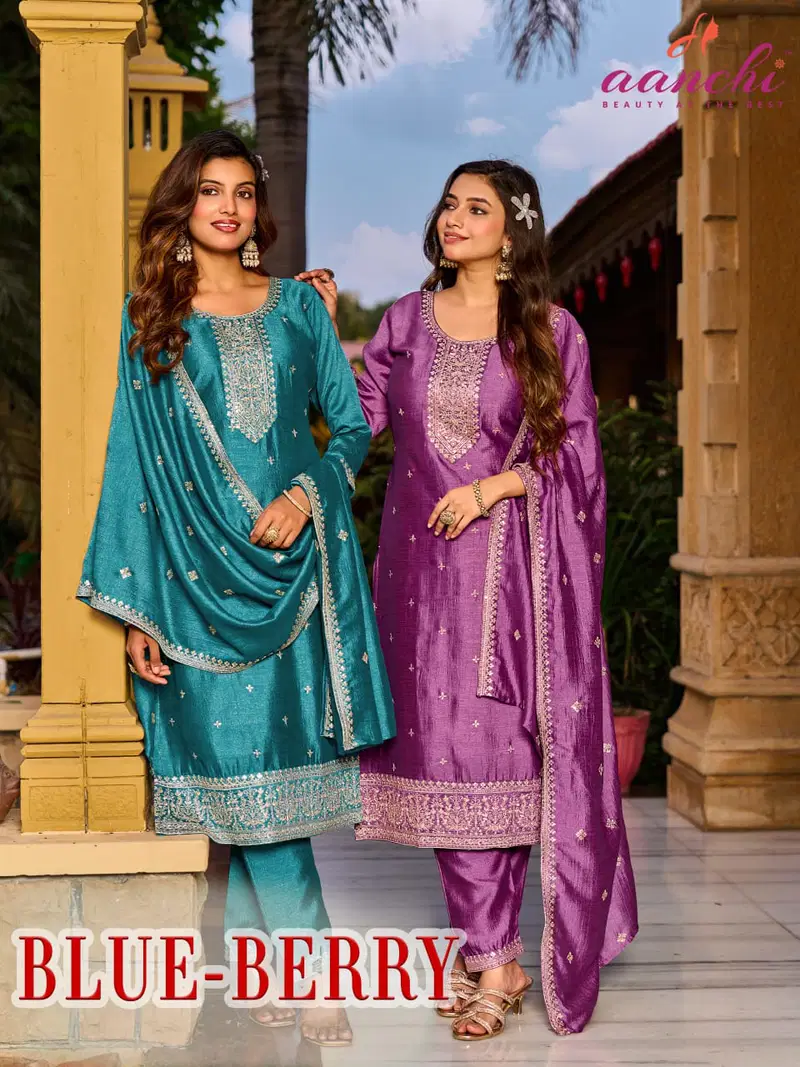 Aanchi Blue Berry Vichitra Silk Embroidered Kurti With Bottom Dupatta