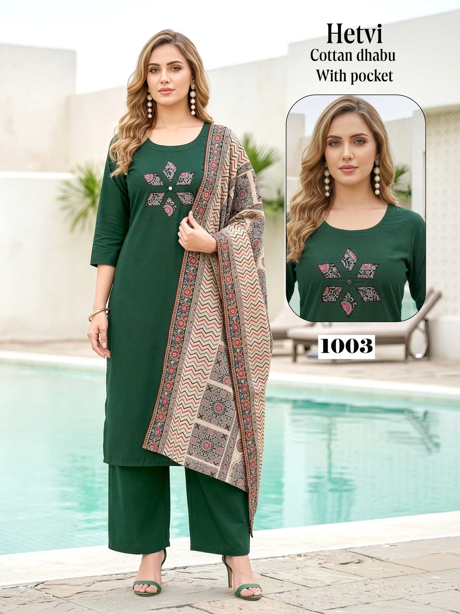 Dnp Hetvi Dhabu Cotton Top Pant And Dupatta