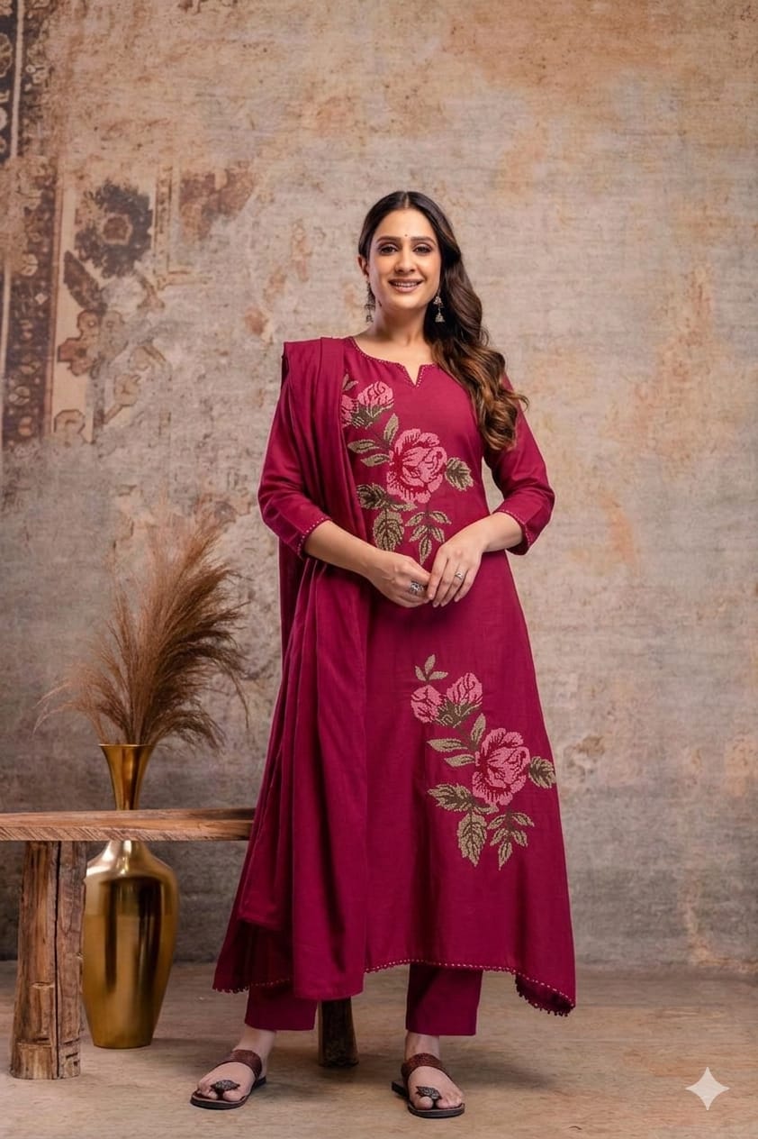 Naisha K 940 Mul Mul Aline Embroidered Kurti With Bottom Dupatta