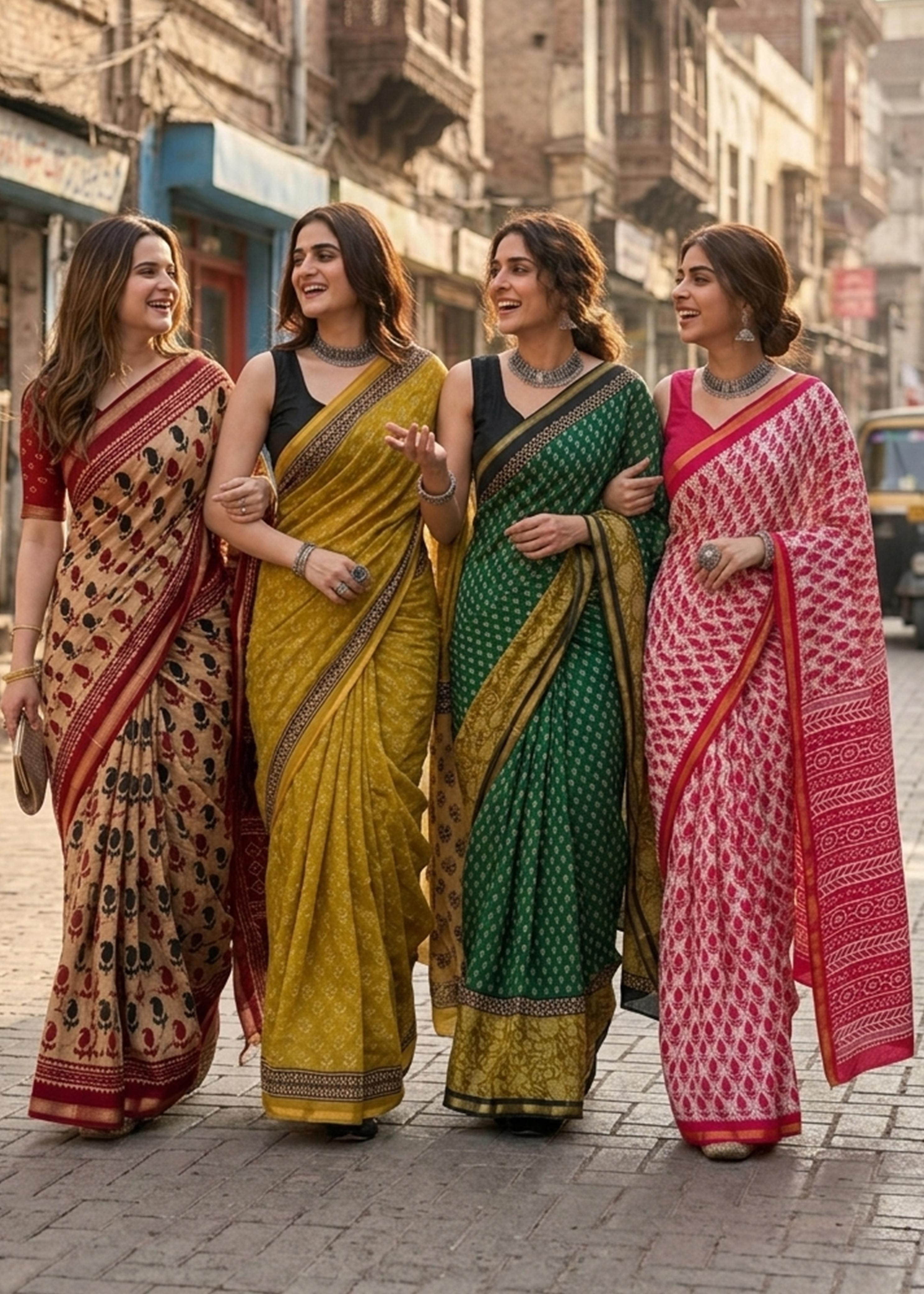 Sm Yami 72 Muslin Cotton Bagru Print Saree With Zari Border