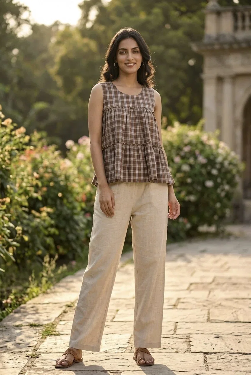 Lw 9332 Checks Linen Cotton Tops With Bottom Collection
