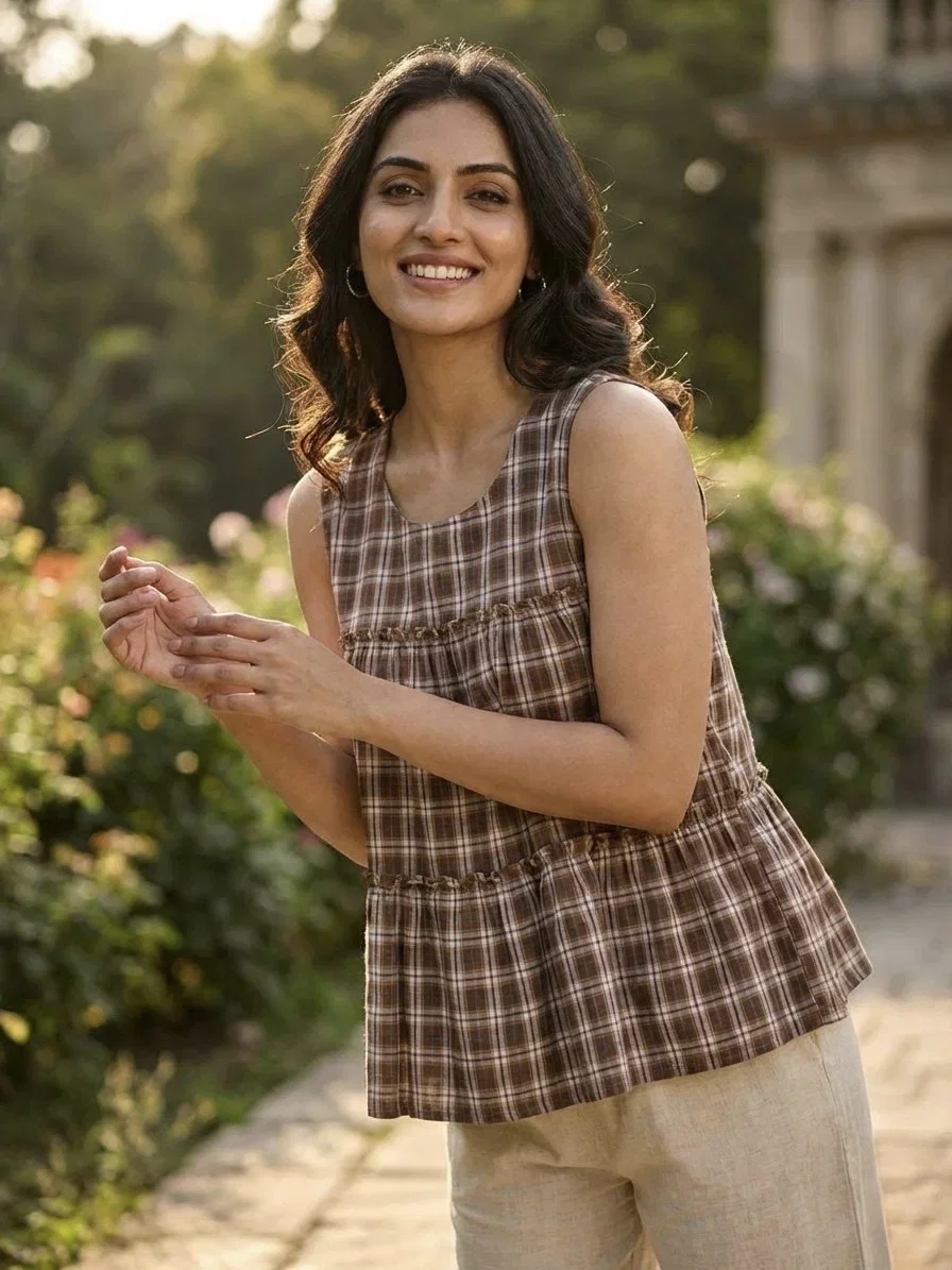 Lw 9332 Checks Linen Cotton Tops With Bottom Collection