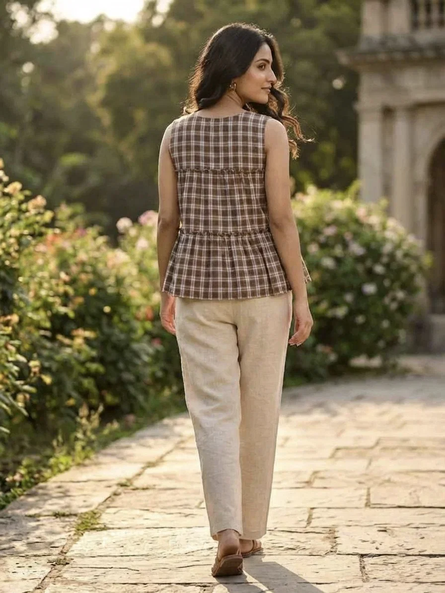 Lw 9332 Checks Linen Cotton Tops With Bottom Collection