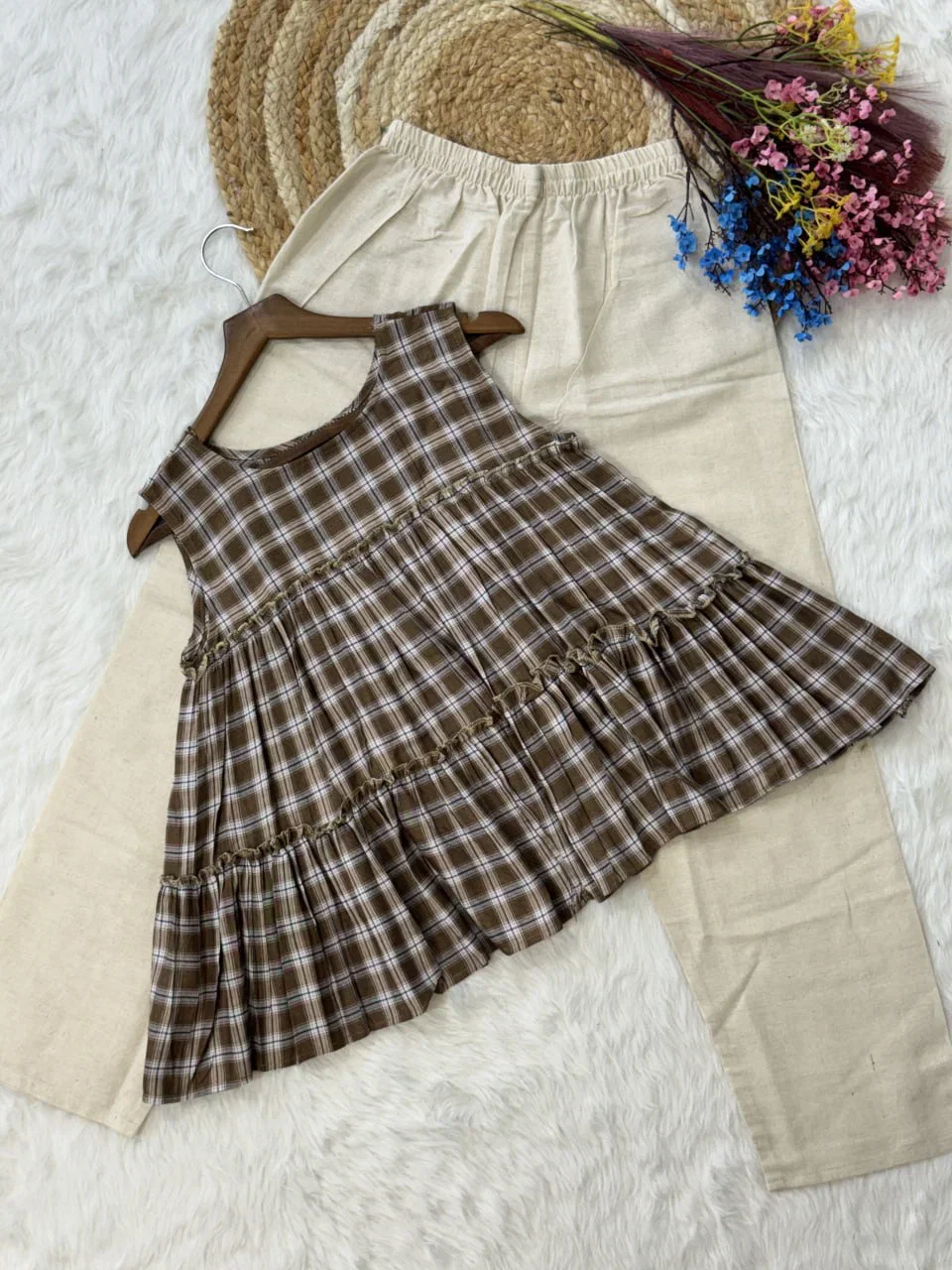 Lw 9332 Checks Linen Cotton Tops With Bottom Collection