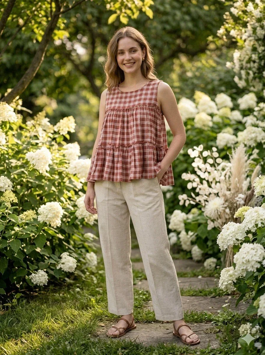 Lw 9332 Checks Linen Cotton Tops With Bottom Collection