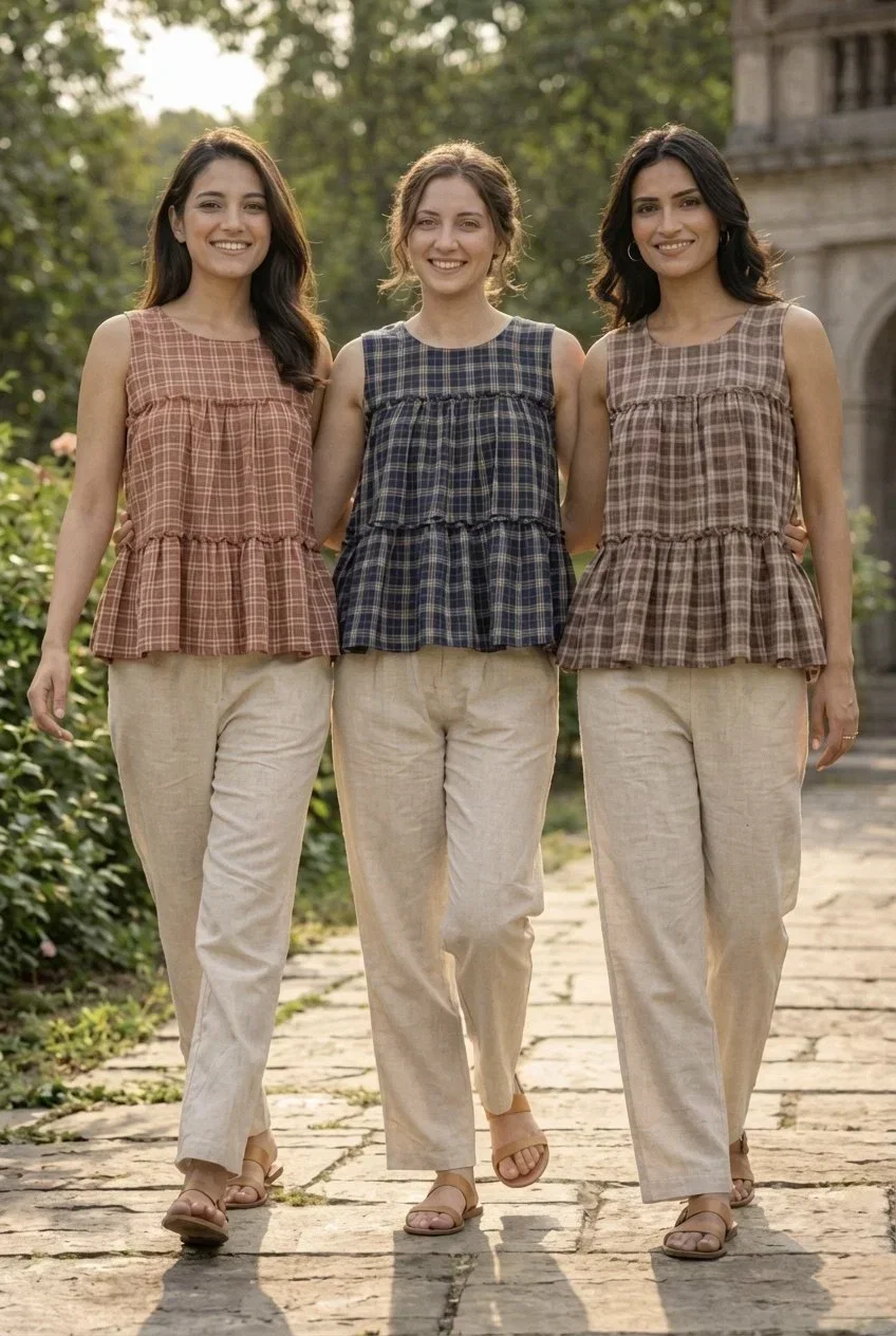 Lw 9332 Checks Linen Cotton Tops With Bottom Collection