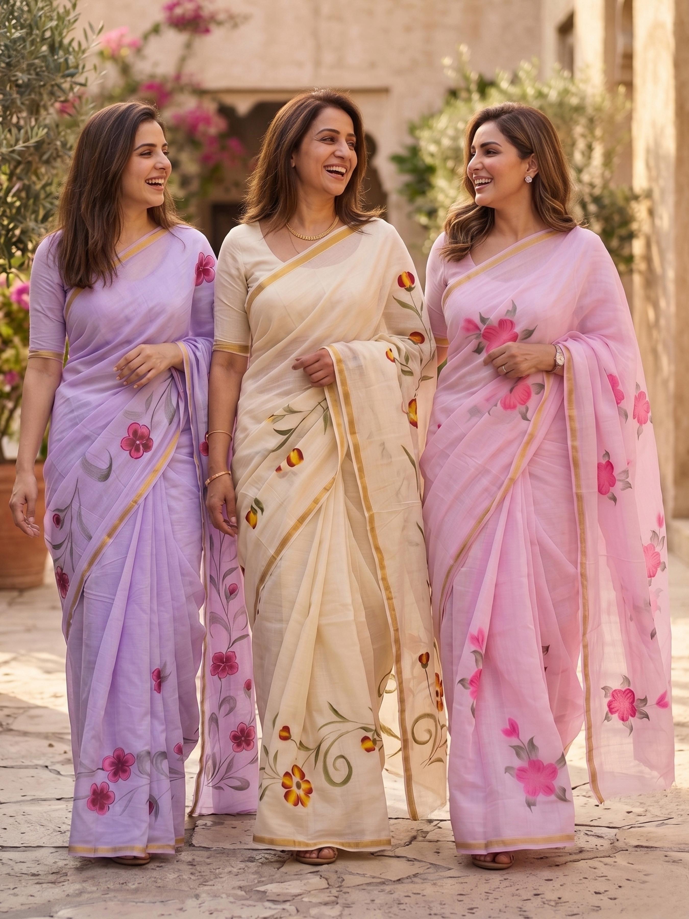 Sm Yami 75 Muslin Cotton Hand Printed Zari Border Saree