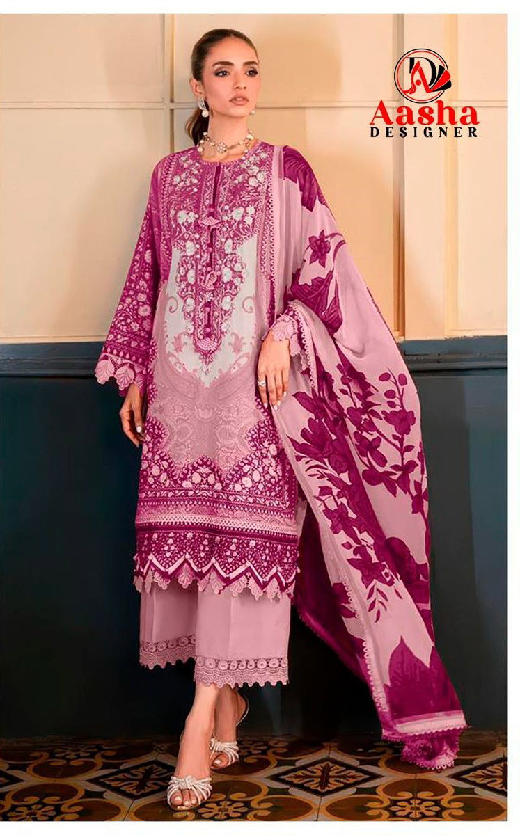 Aasha 1033 And 1034 Chiffon Dupatta Cotton Printed Embroidery Worked Pakistani Salwar Kameez