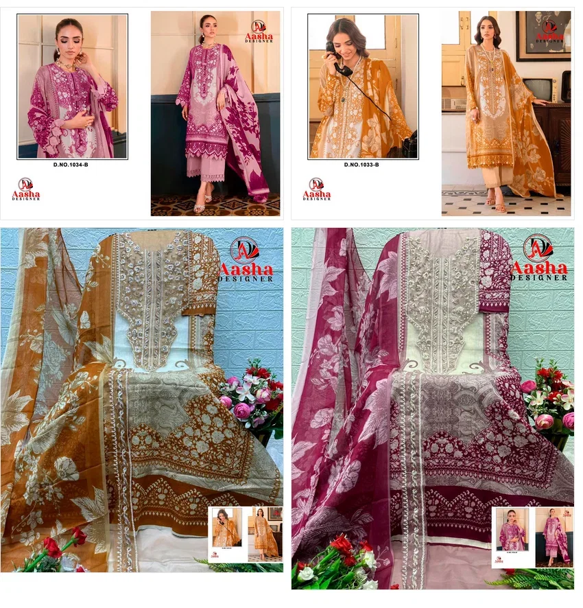 Aasha 1033 And 1034 Cotton Dupatta Cotton Printed Embroidery Worked Pakistani Salwar Kameez