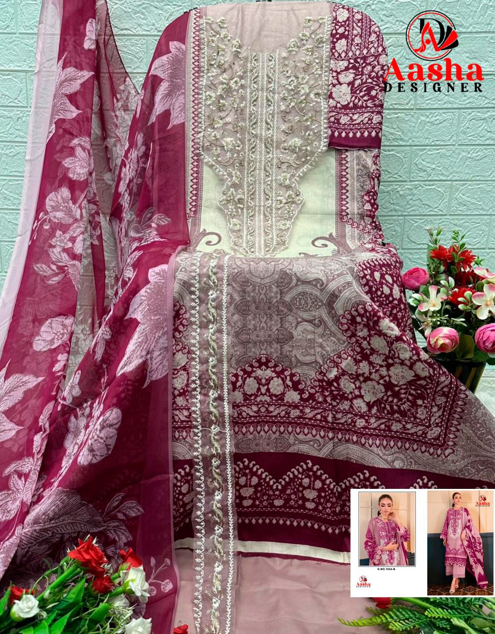 Aasha 1033 And 1034 Cotton Dupatta Cotton Printed Embroidery Worked Pakistani Salwar Kameez
