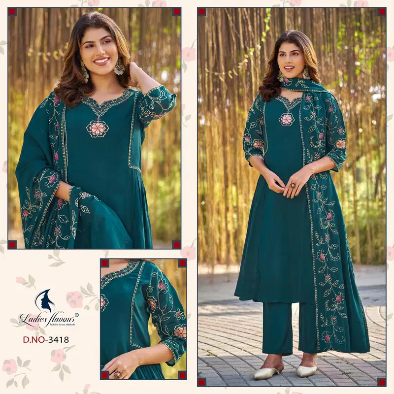 Ladies Flavour 3417 To 3419 Mul Chanderi Embroidered Kurti With Bottom Dupatta