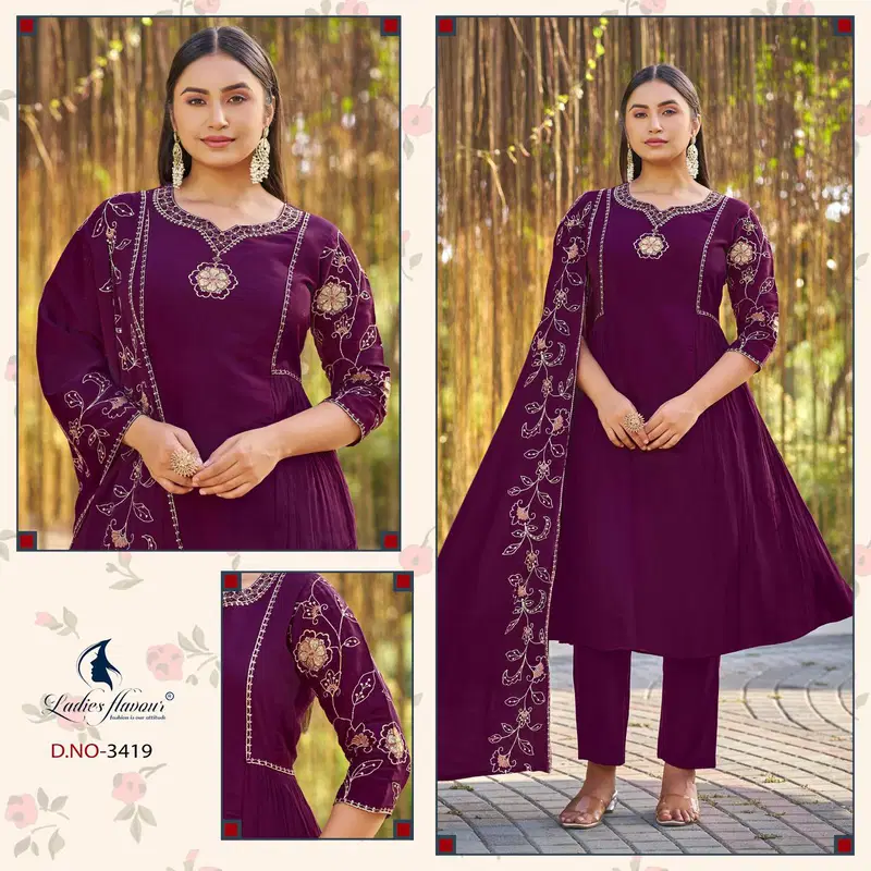 Ladies Flavour 3417 To 3419 Mul Chanderi Embroidered Kurti With Bottom Dupatta