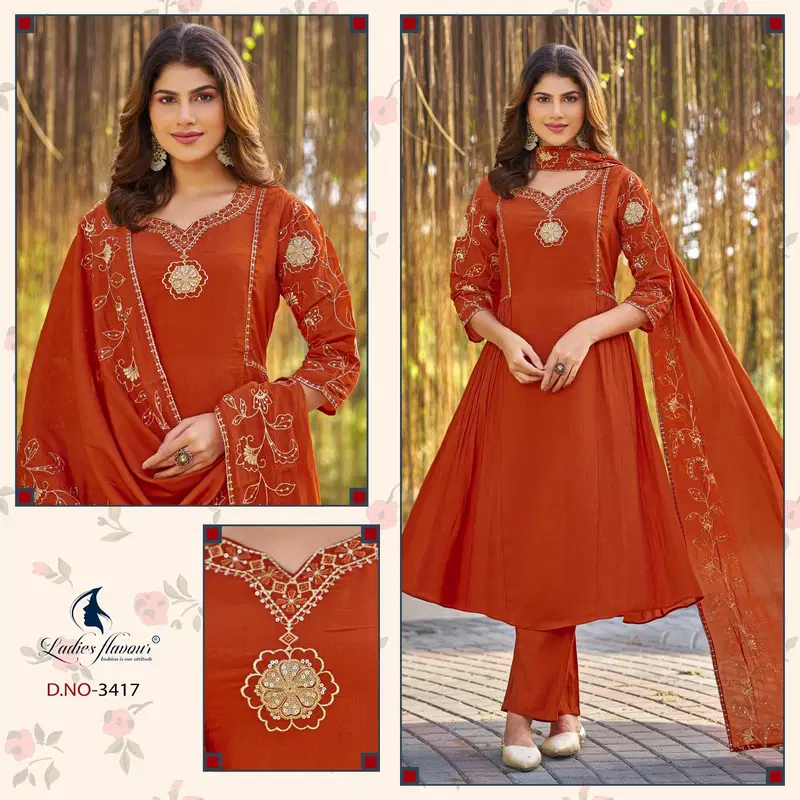 Ladies Flavour 3417 To 3419 Mul Chanderi Embroidered Kurti With Bottom Dupatta