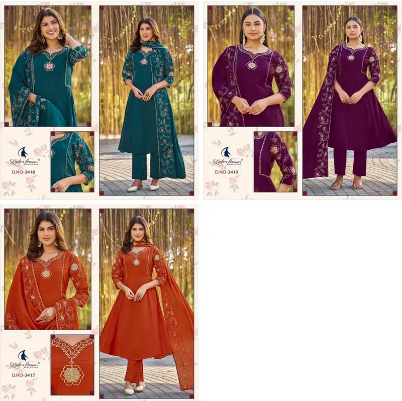 Ladies Flavour 3417 To 3419 Mul Chanderi Embroidered Kurti With Bottom Dupatta