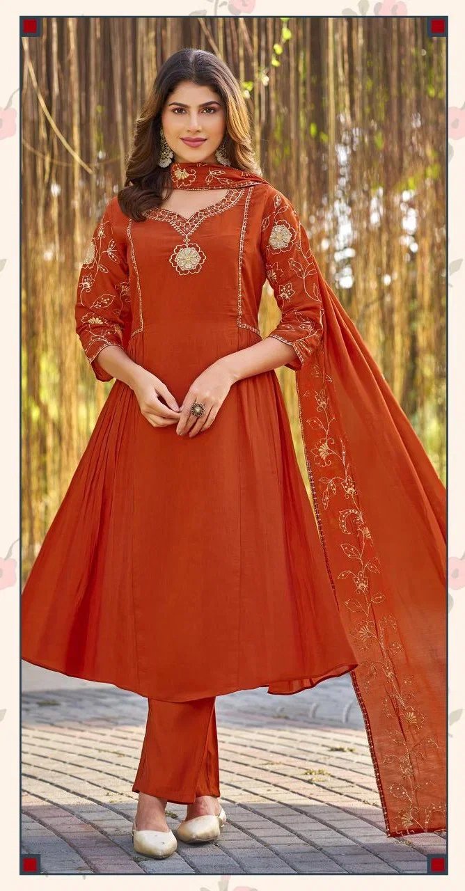 Ladies Flavour 3417 To 3419 Mul Chanderi Embroidered Kurti With Bottom Dupatta