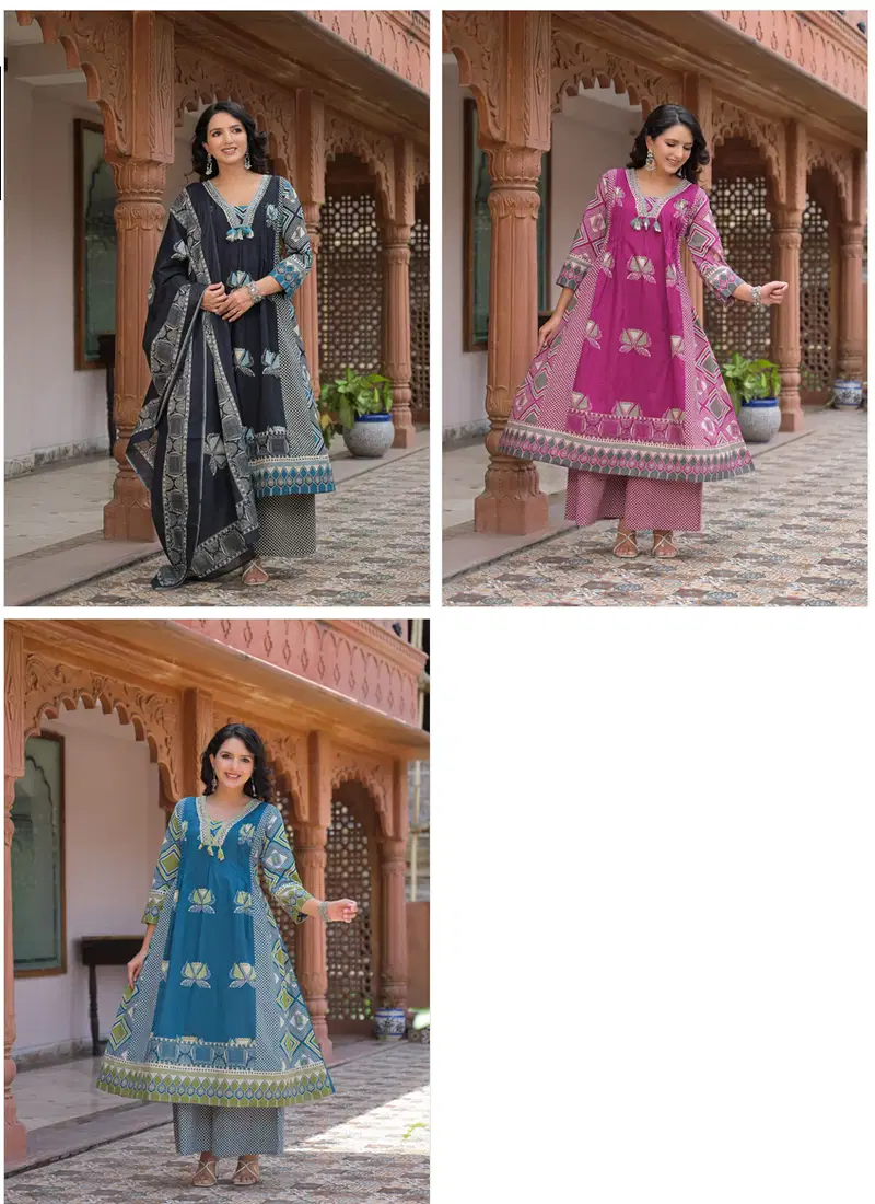Naisha K 942 Cotton A line Kurti With Bottm Dupatta