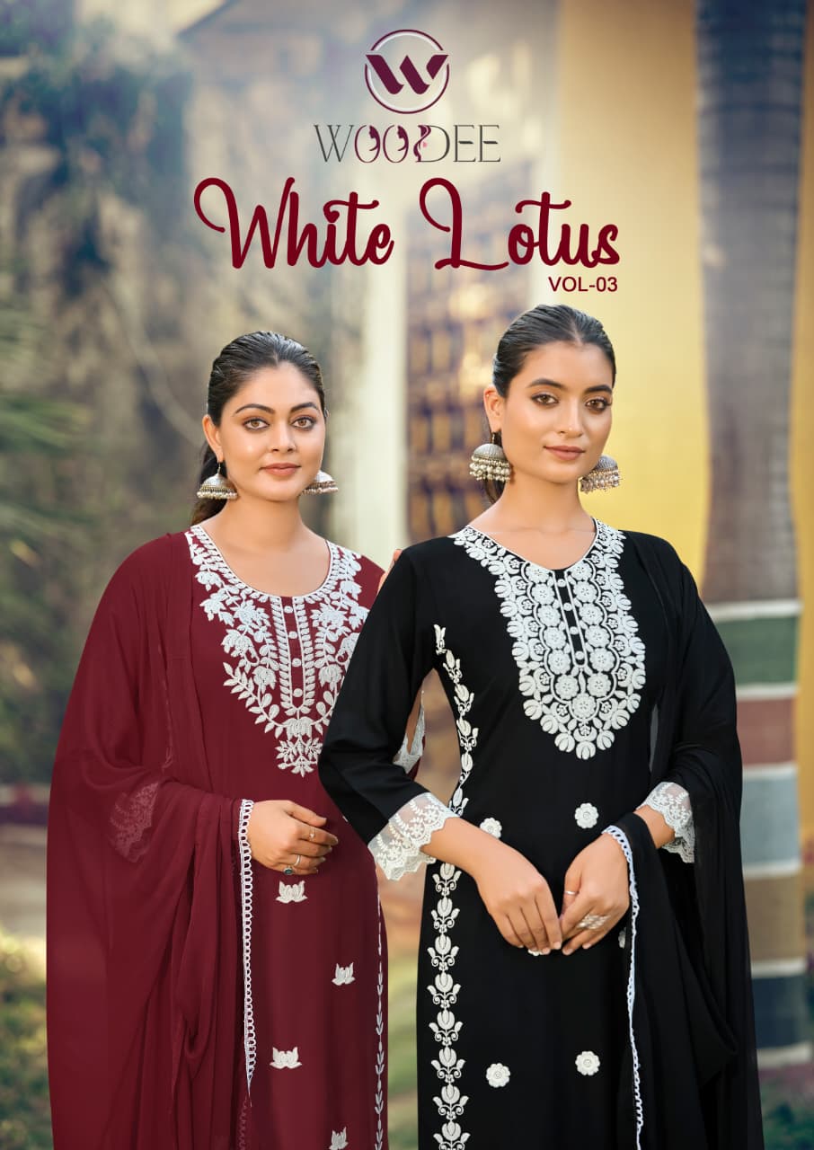 Woodee White Lotus Vol 3 Rayon Thread Worked Kurti With Bottom Dupatta