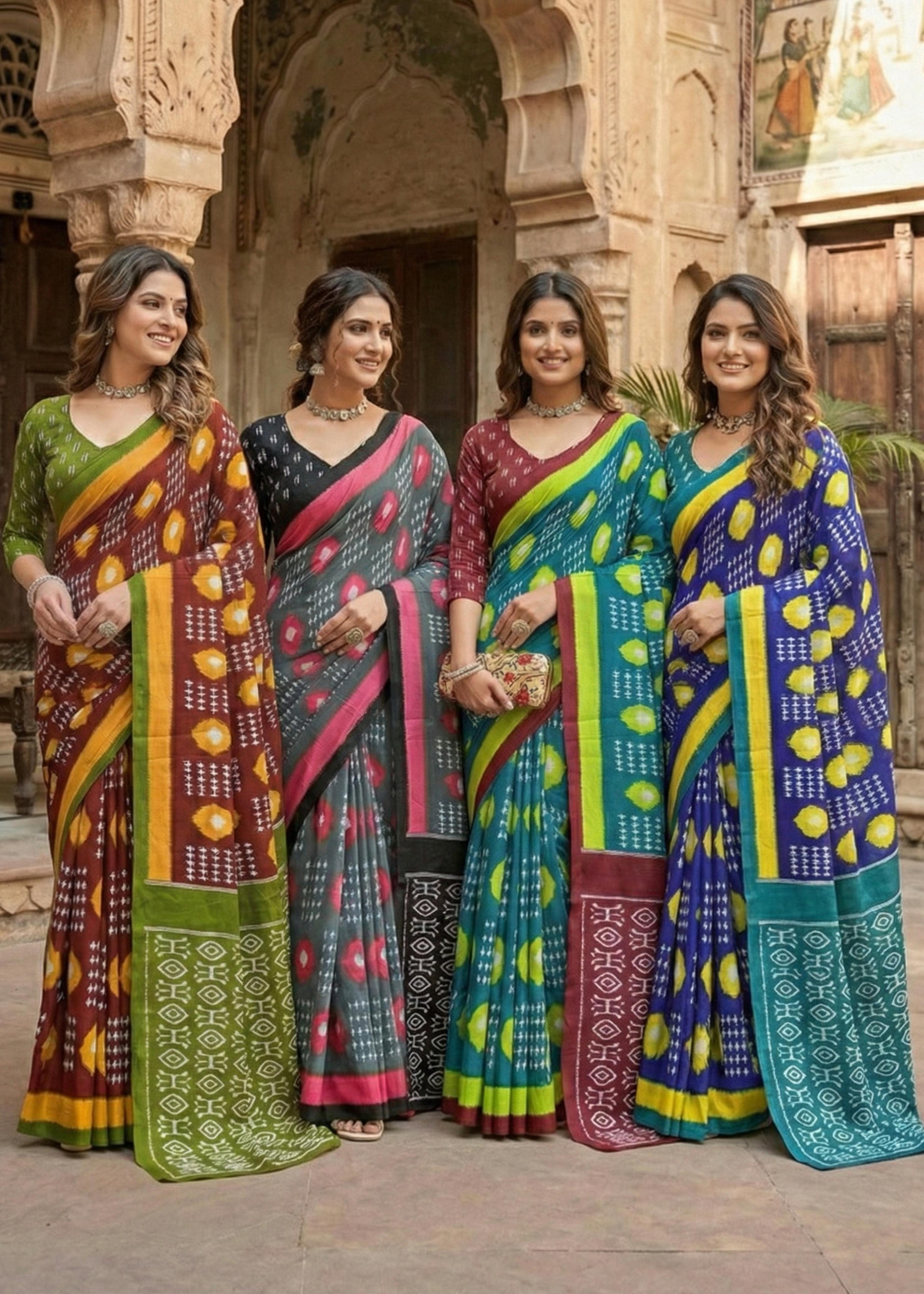 Sm Yami 80 Soft Mal Cotton Block Ikkat Print Saree