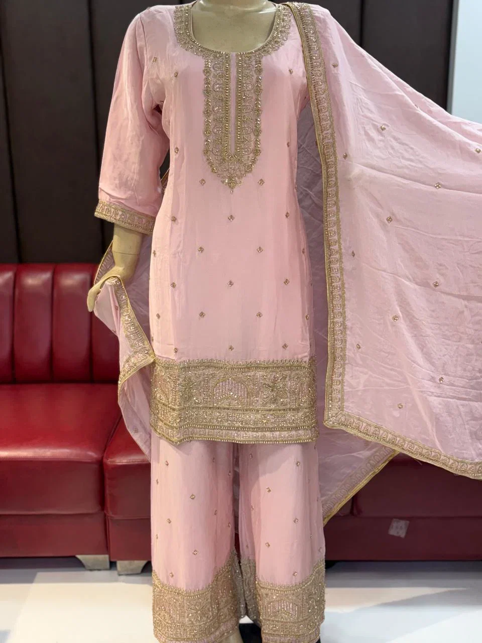 Sw 1947 Pure Chinon Beads Worked Salwar Kameez