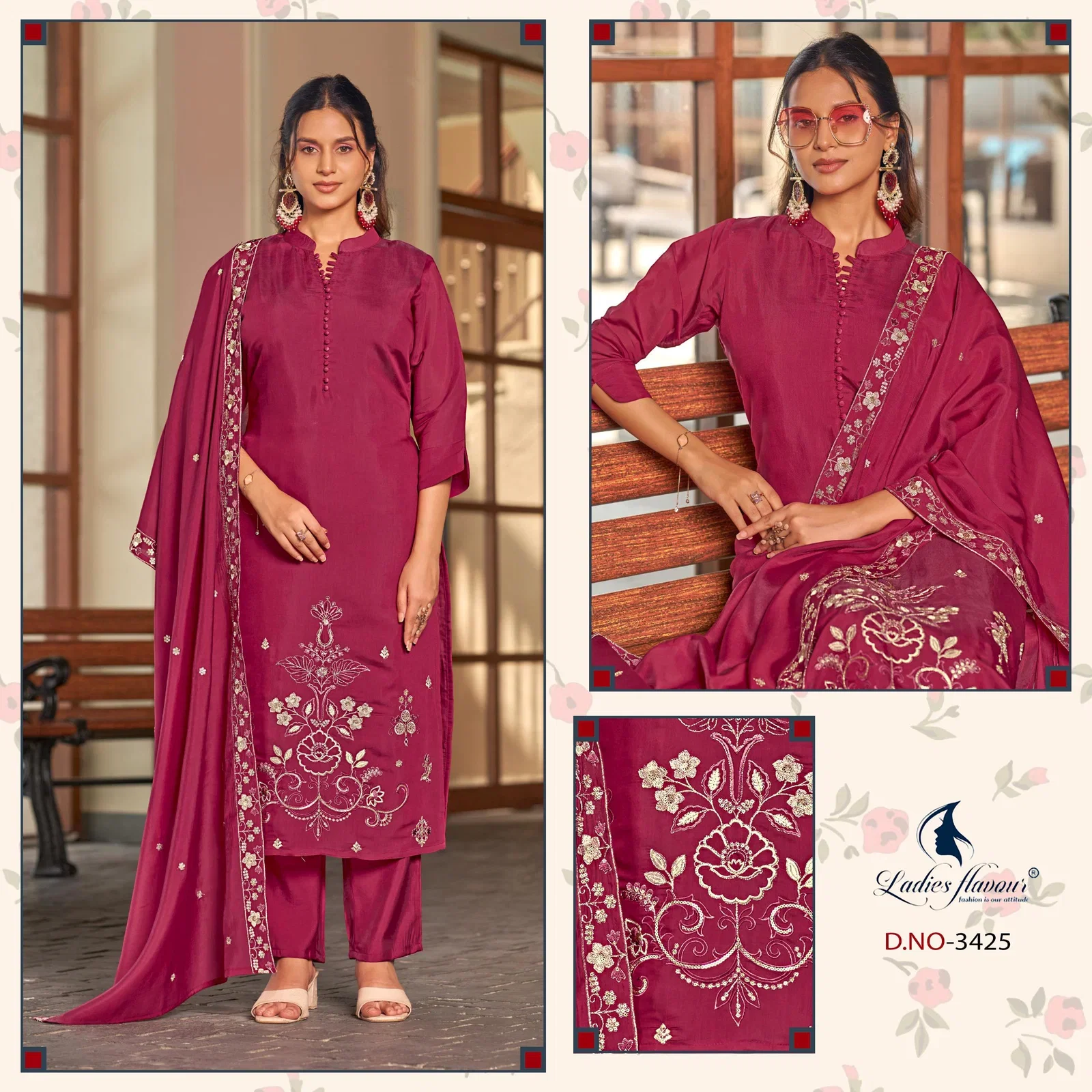 Ladies Flavour 3424 To 3426 Mul Chanderi Embroidered Kurti With Bottom Dupatta