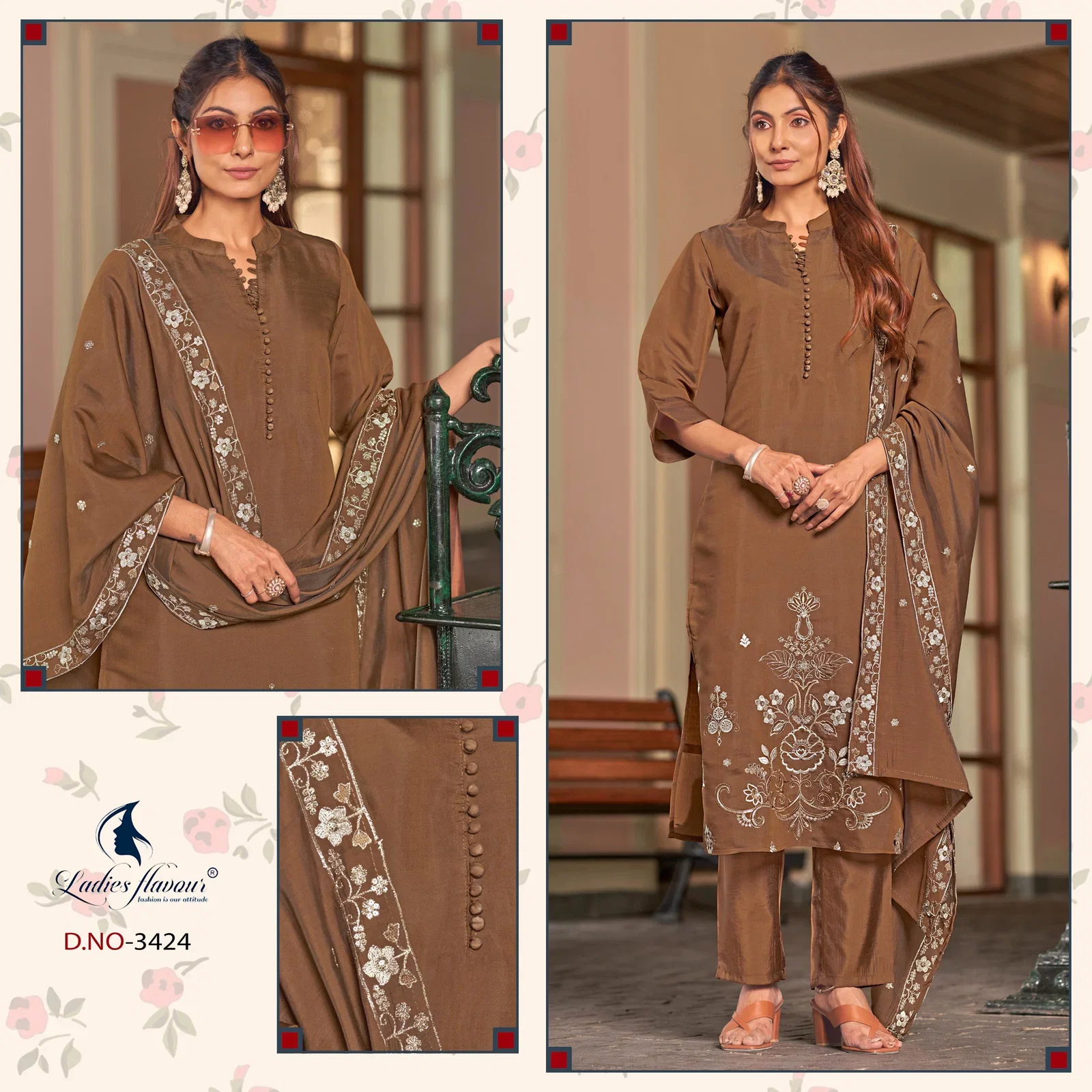 Ladies Flavour 3424 To 3426 Mul Chanderi Embroidered Kurti With Bottom Dupatta