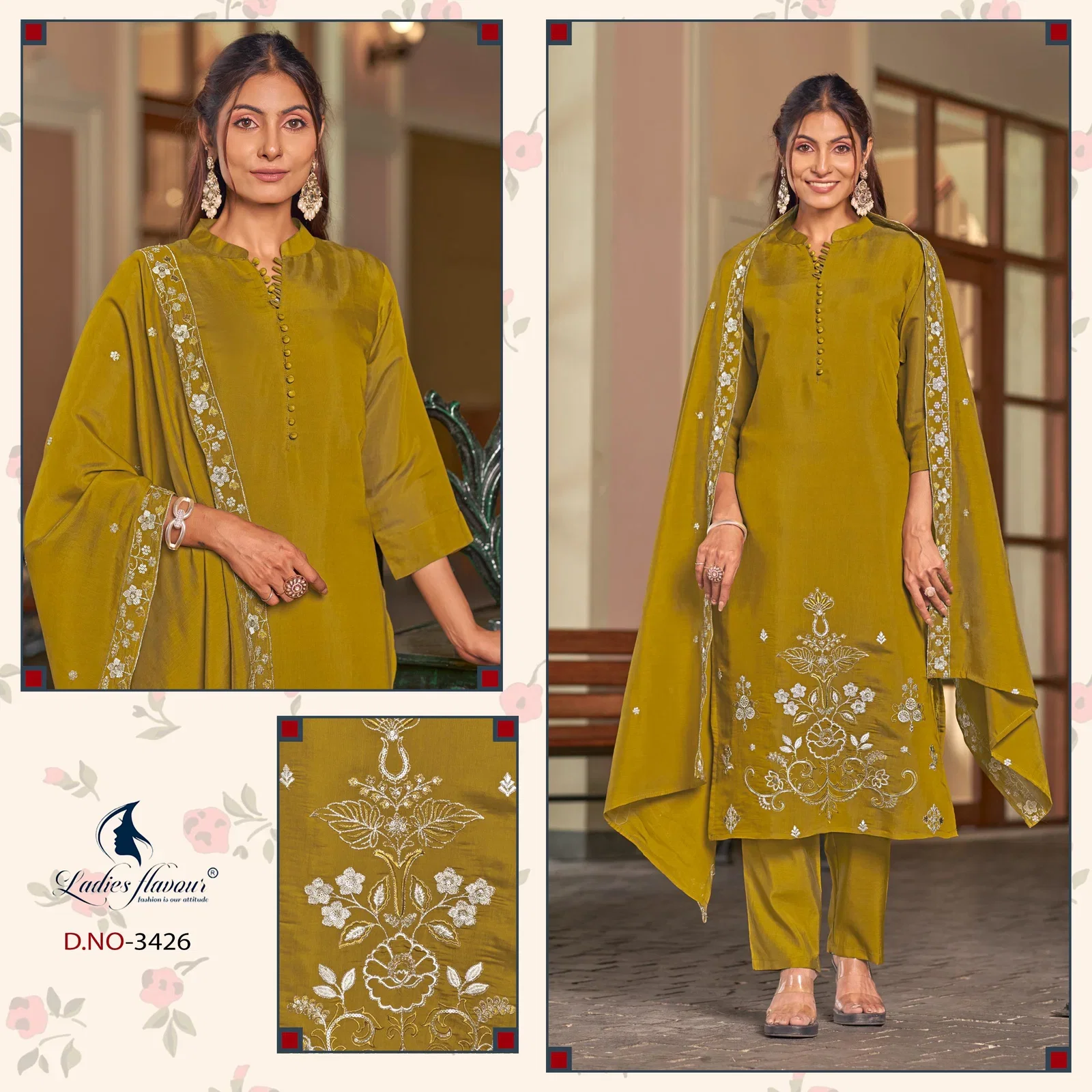 Ladies Flavour 3424 To 3426 Mul Chanderi Embroidered Kurti With Bottom Dupatta