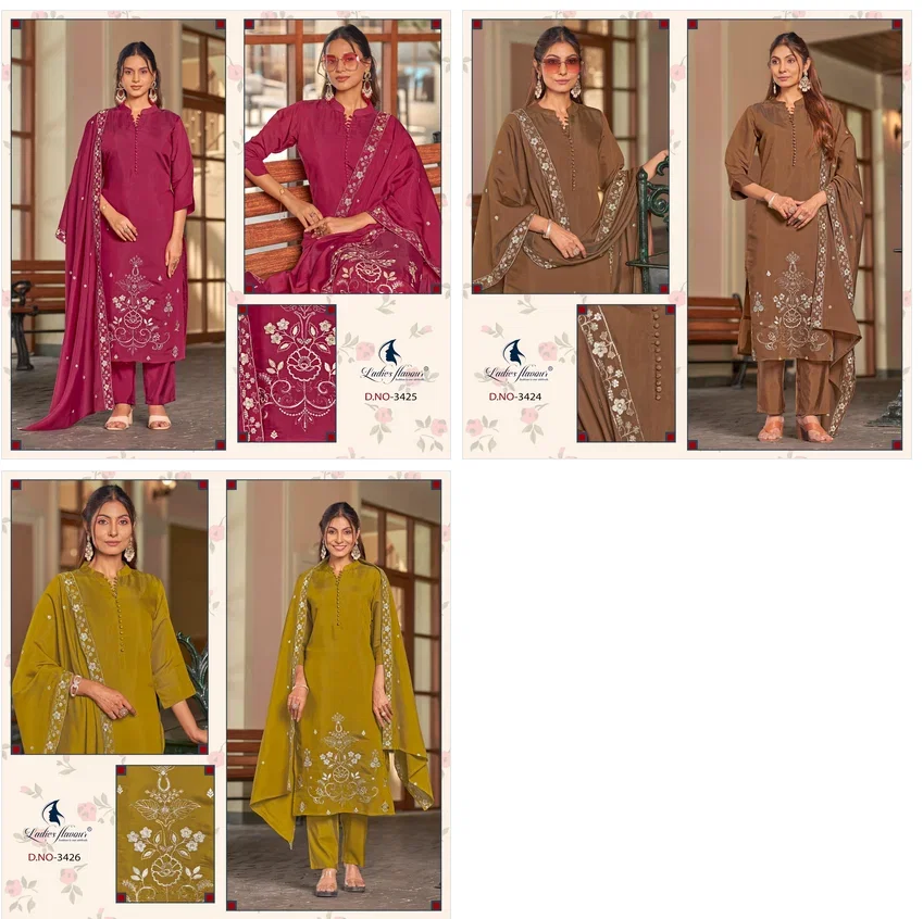 Ladies Flavour 3424 To 3426 Mul Chanderi Embroidered Kurti With Bottom Dupatta