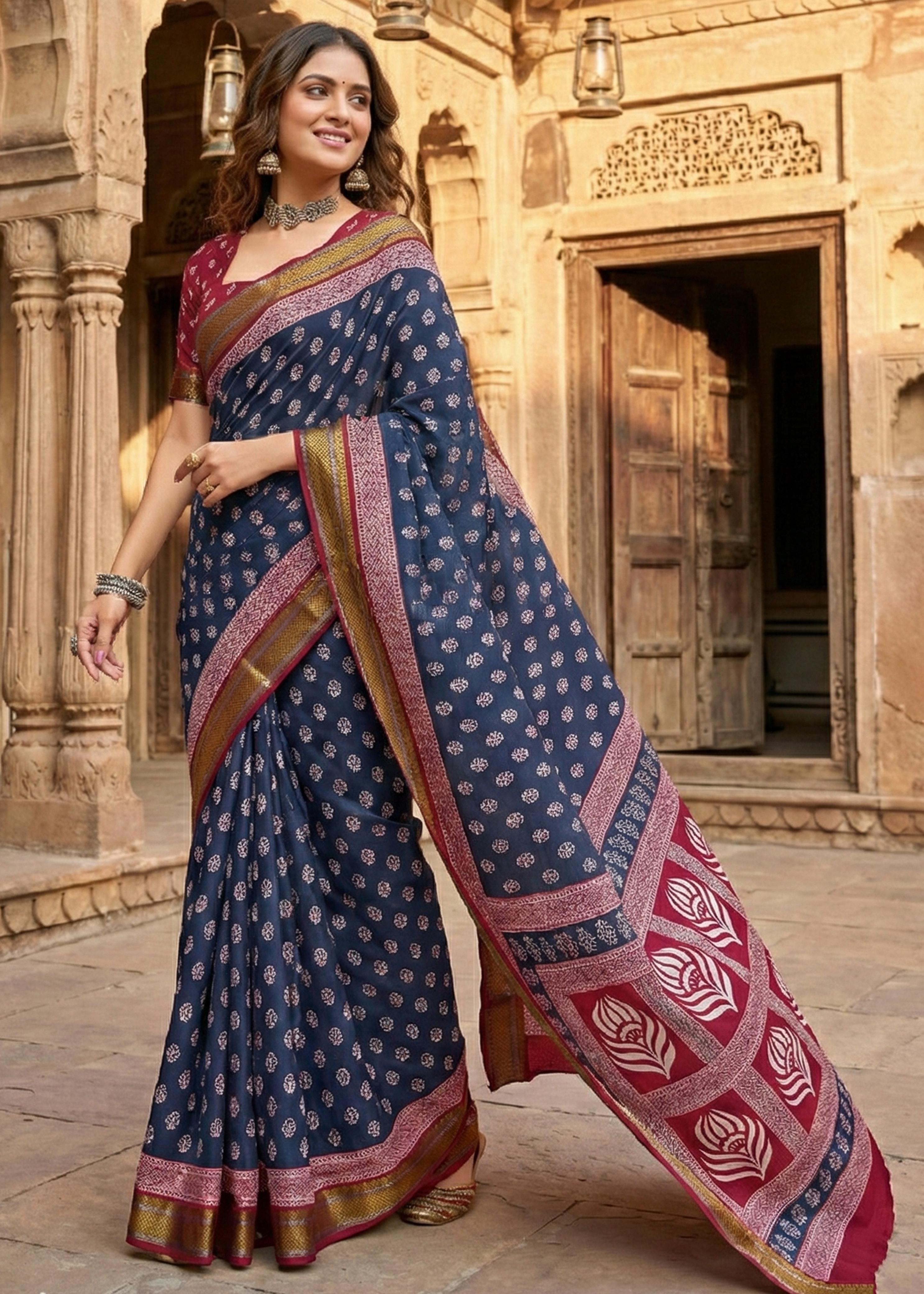 Sm Yami 84 Mal Cotton Heavy Zari Border Bagru Printed Saree