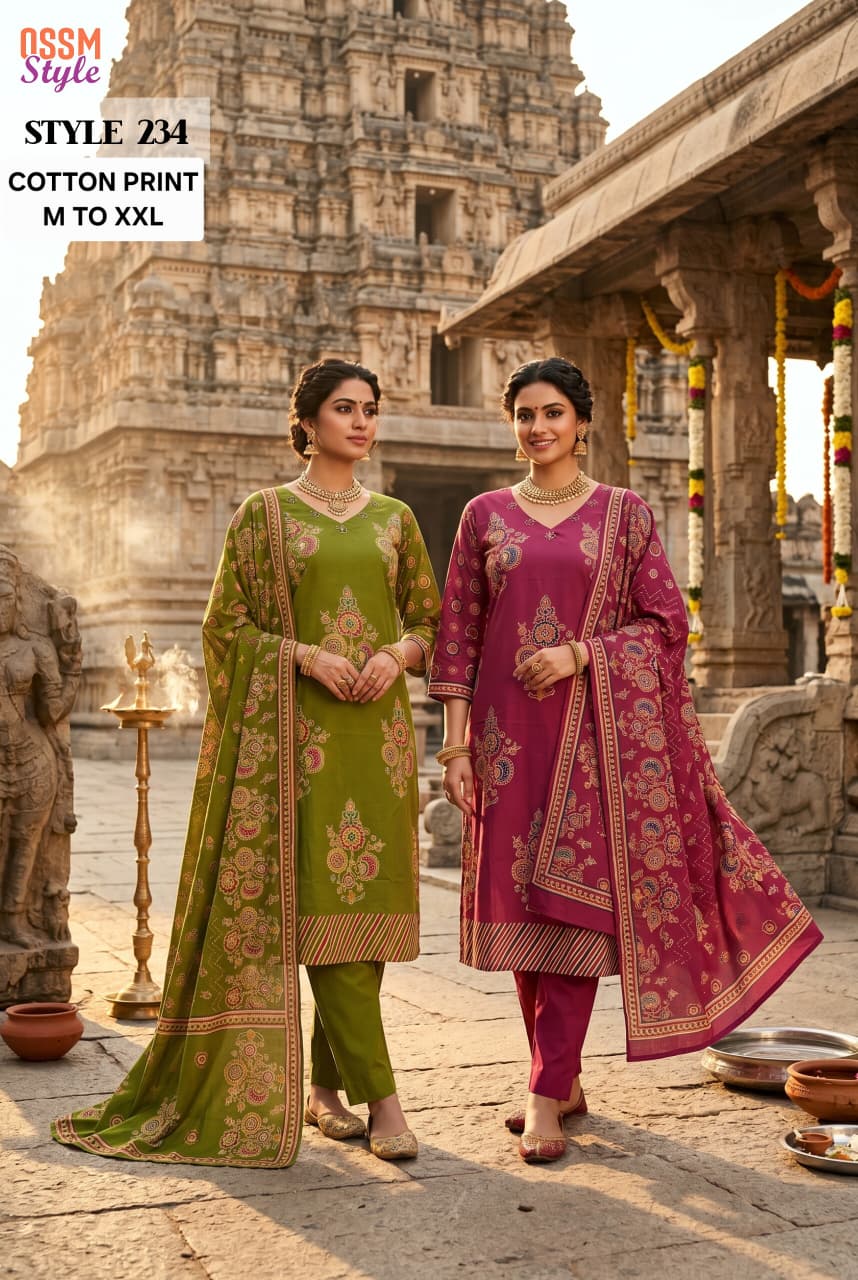 Ossm Style 234 Cotton Printed Kurti With Bottom Dupatta