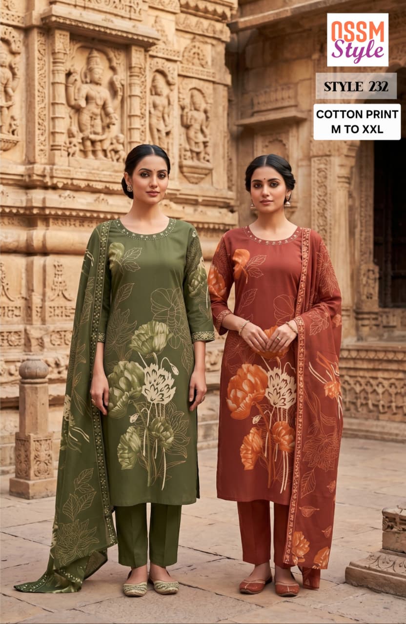 Ossm Style 232 Cotton Printed Kurti With Bottom Dupatta
