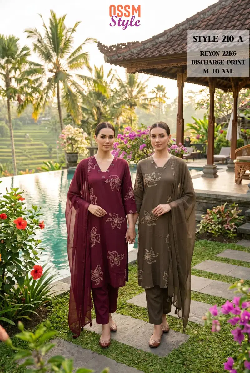 Ossm Style 210 Rayon Discharge Printed Kurti With Bottom Dupatta