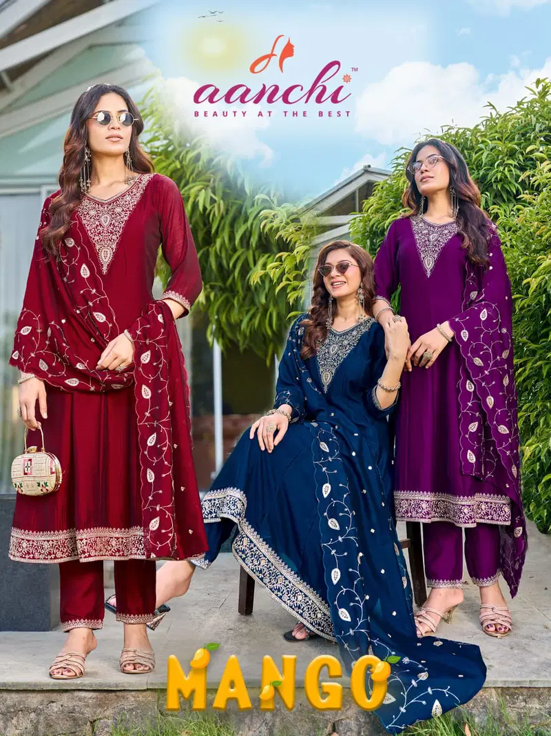 Aanchi Mango Vichitra Silk Embroidered Kurti With Bottom Dupatta