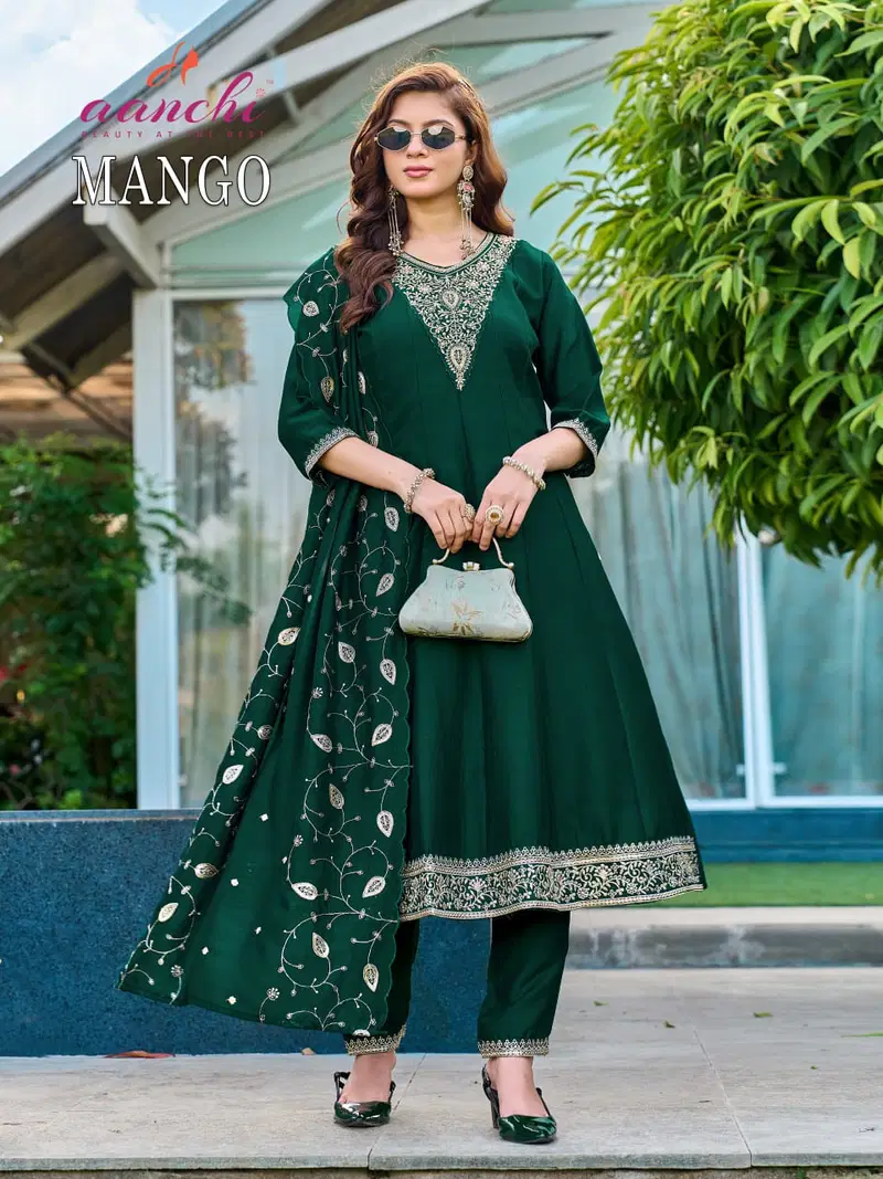 Aanchi Mango Vichitra Silk Embroidered Kurti With Bottom Dupatta