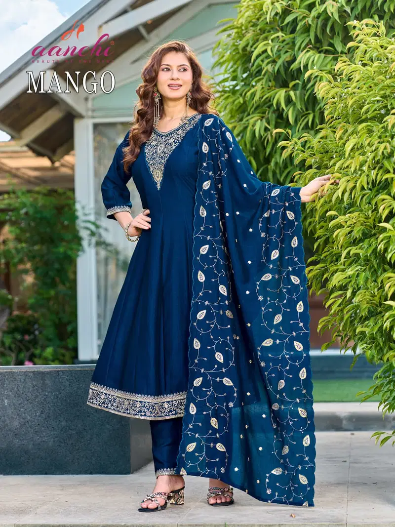 Aanchi Mango Vichitra Silk Embroidered Kurti With Bottom Dupatta