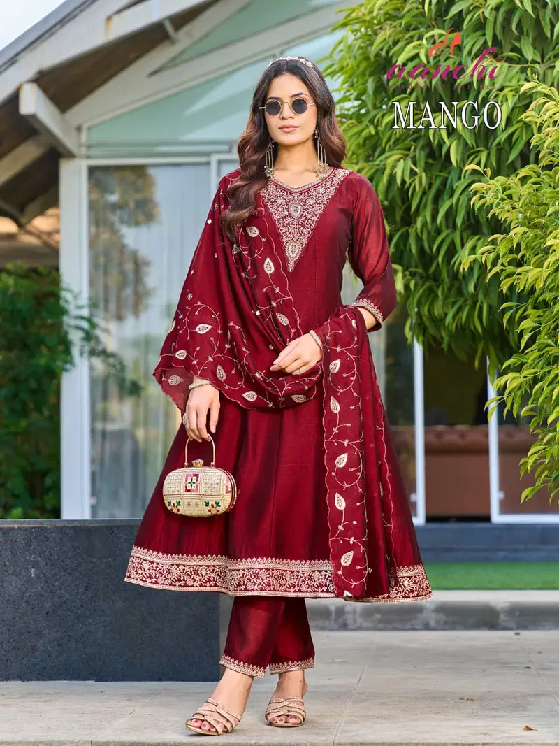 Aanchi Mango Vichitra Silk Embroidered Kurti With Bottom Dupatta