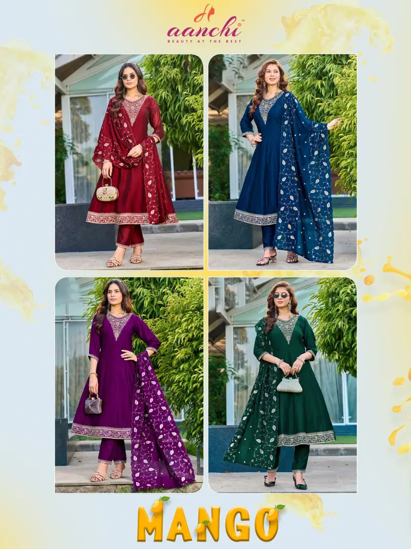 Aanchi Mango Vichitra Silk Embroidered Kurti With Bottom Dupatta