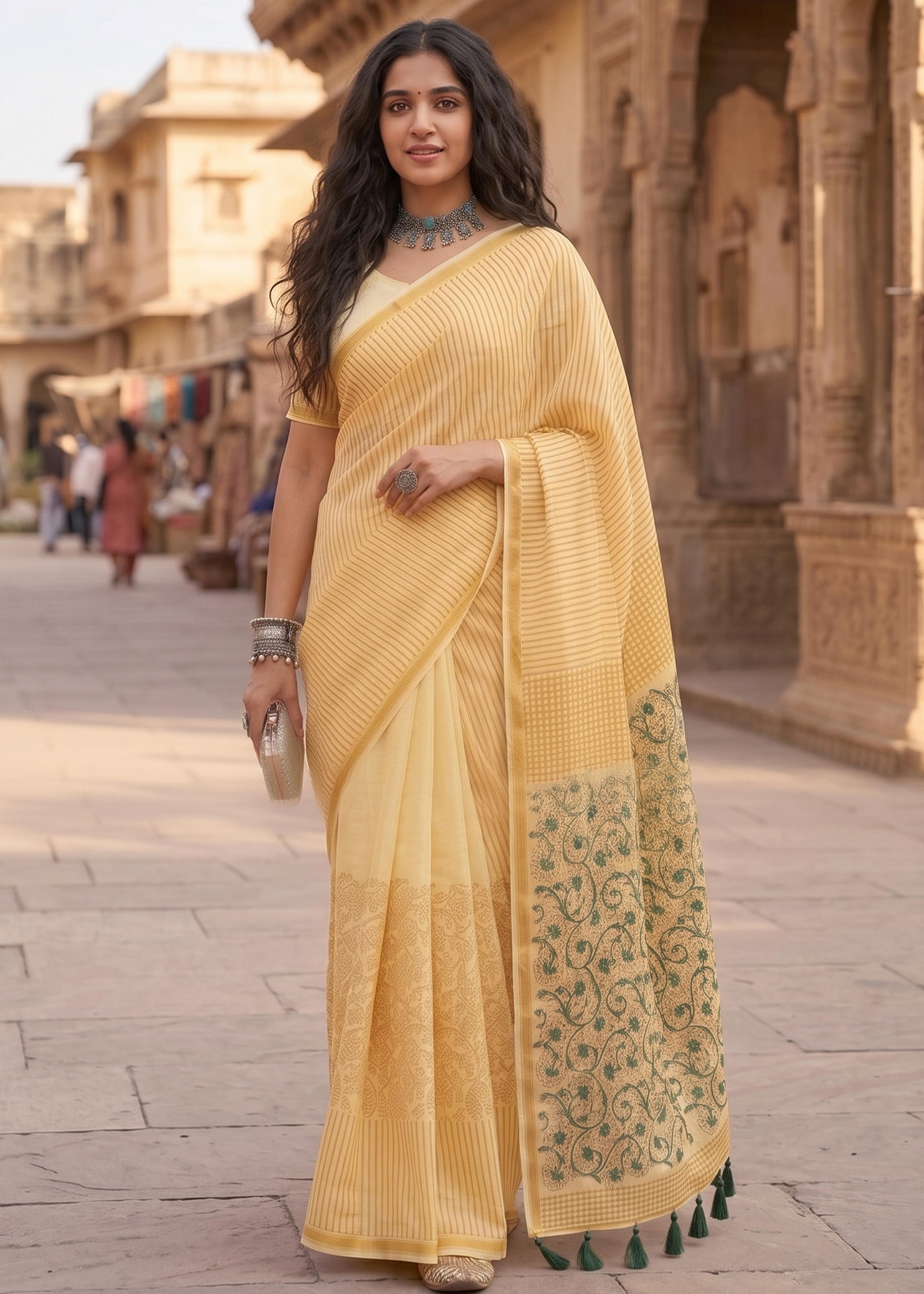 Sm Yami 89 Muslin Cotton Heavy Zari Border Hand Block Print Saree