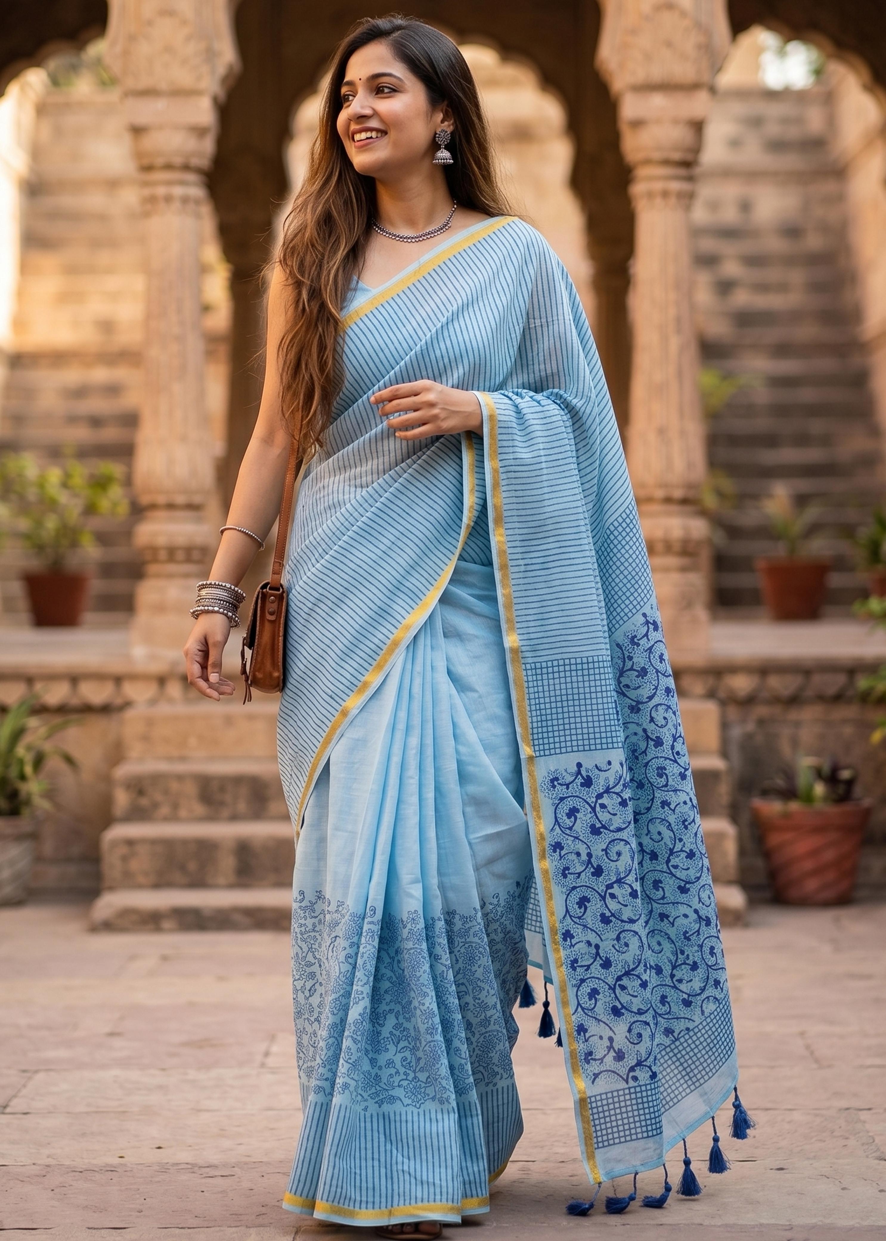 Sm Yami 89 Muslin Cotton Heavy Zari Border Hand Block Print Saree