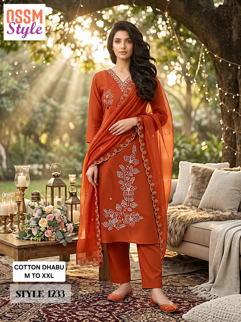 Ossm Style 1233 Dhabu Cotton Kurti With Bottom Dupatta