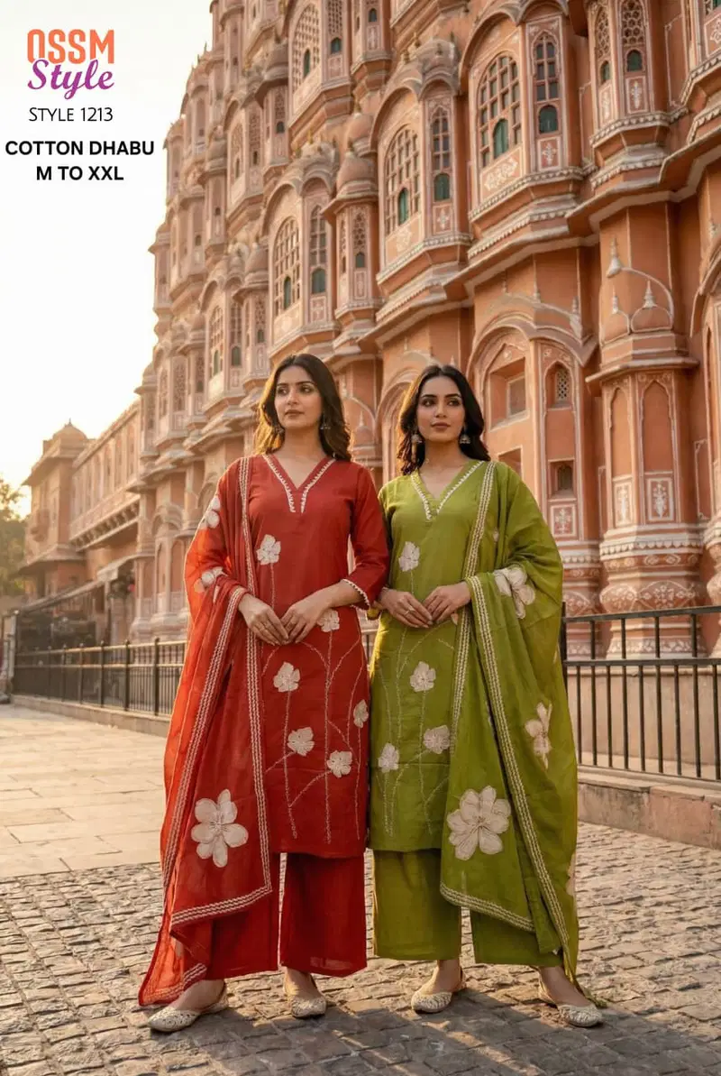 Ossm Style 1232 Dhabu Cotton Kurti With Bottom Dupatta